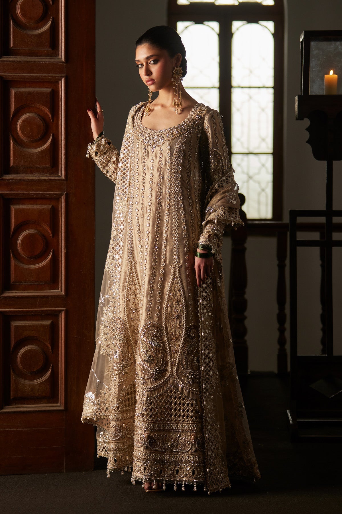 Saad Bin Shahzad Zely – champagne zardozi and sheesha tissue long kurta with culottes from El Veneto Luxury Formals