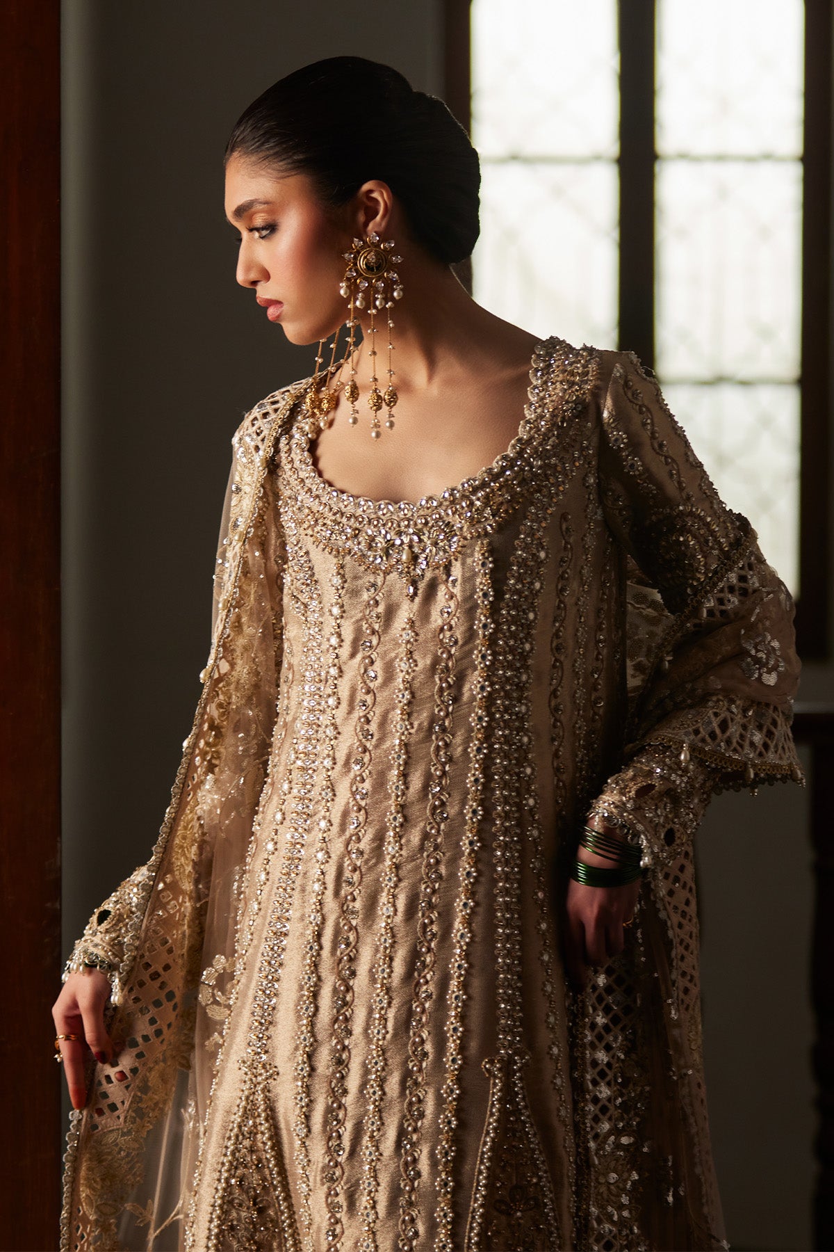 Saad Bin Shahzad Zely – champagne zardozi and sheesha tissue long kurta with culottes from El Veneto Luxury Formals – view 3