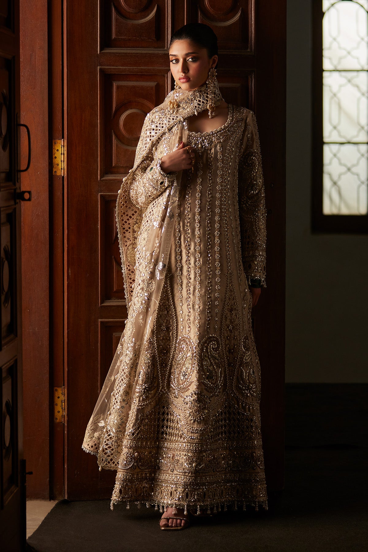 Saad Bin Shahzad Zely – champagne zardozi and sheesha tissue long kurta with culottes from El Veneto Luxury Formals – view 10