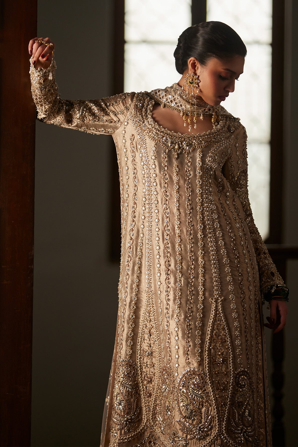 Saad Bin Shahzad Zely – champagne zardozi and sheesha tissue long kurta with culottes from El Veneto Luxury Formals – view 7