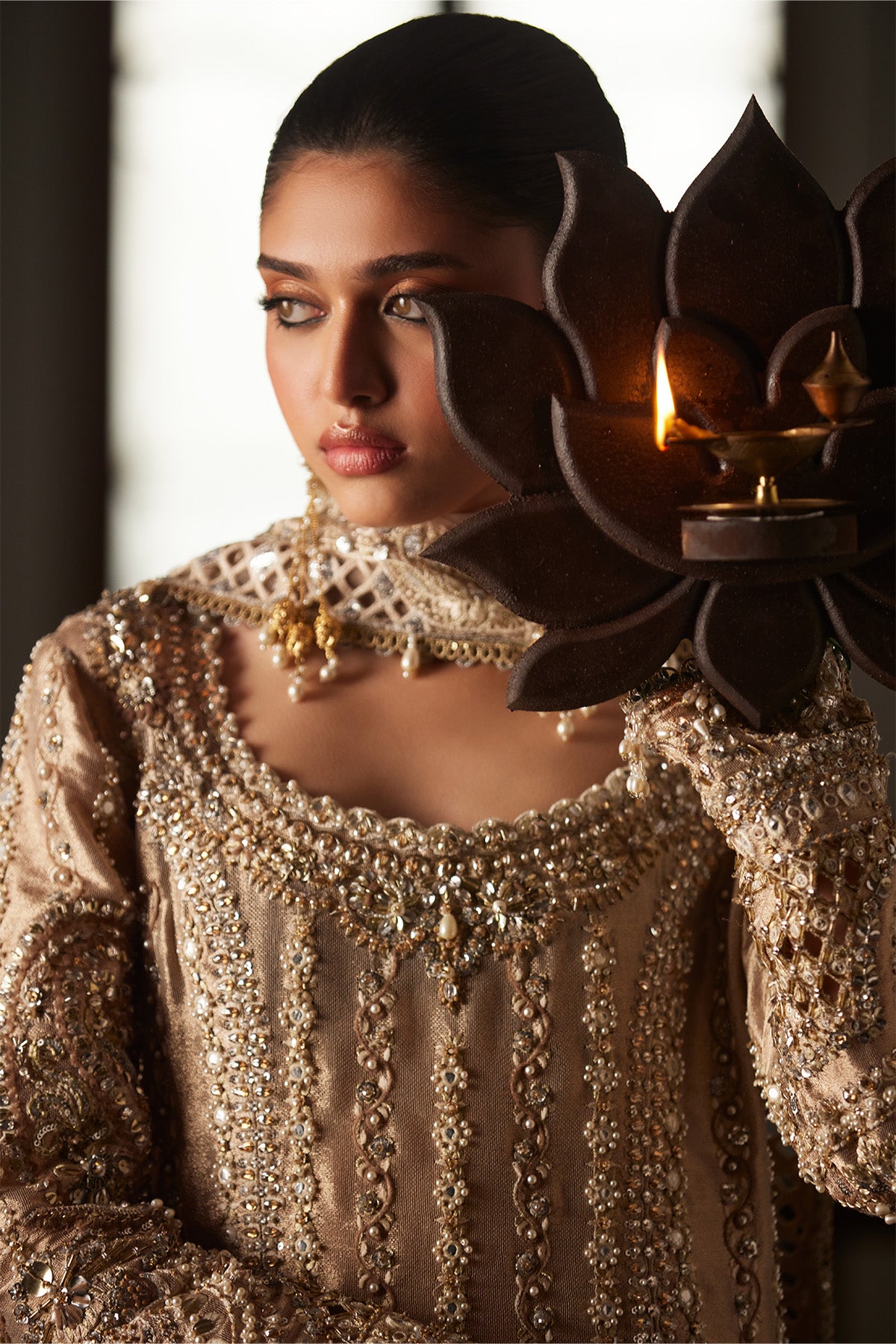 Saad Bin Shahzad Zely – champagne zardozi and sheesha tissue long kurta with culottes from El Veneto Luxury Formals – view 8