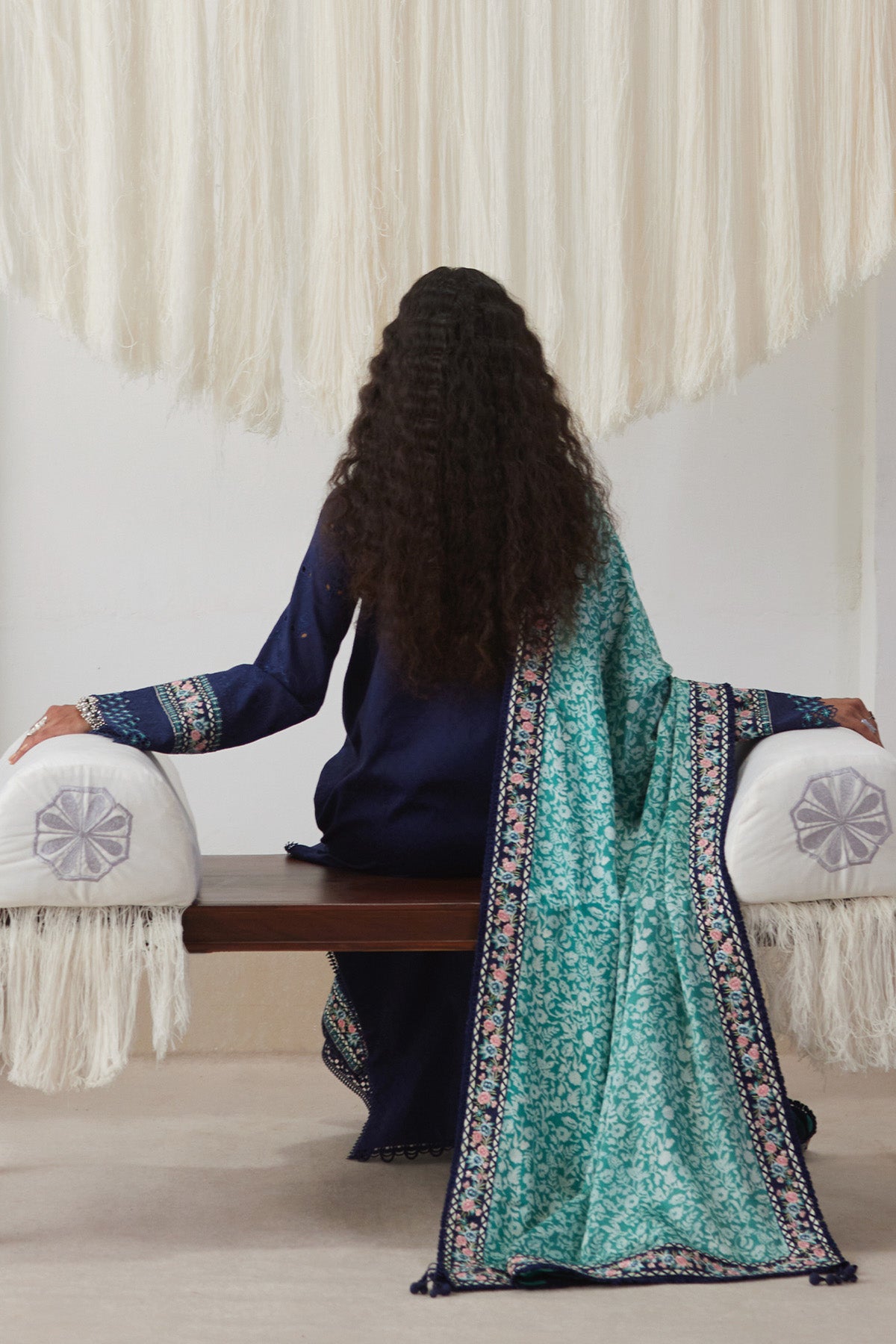 Saad Bin Shahzad Rua – navy blue embroidered lawn long kurta with turquoise silk dupatta from Depalpur – view 6