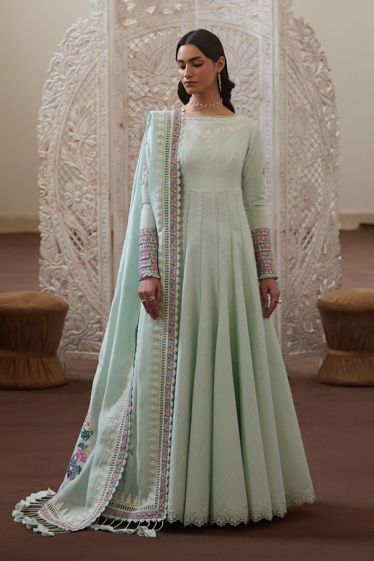 Saad Bin Shahzad Shirin – light seafoam green embroidered textured lawn pishwas from Depalpur