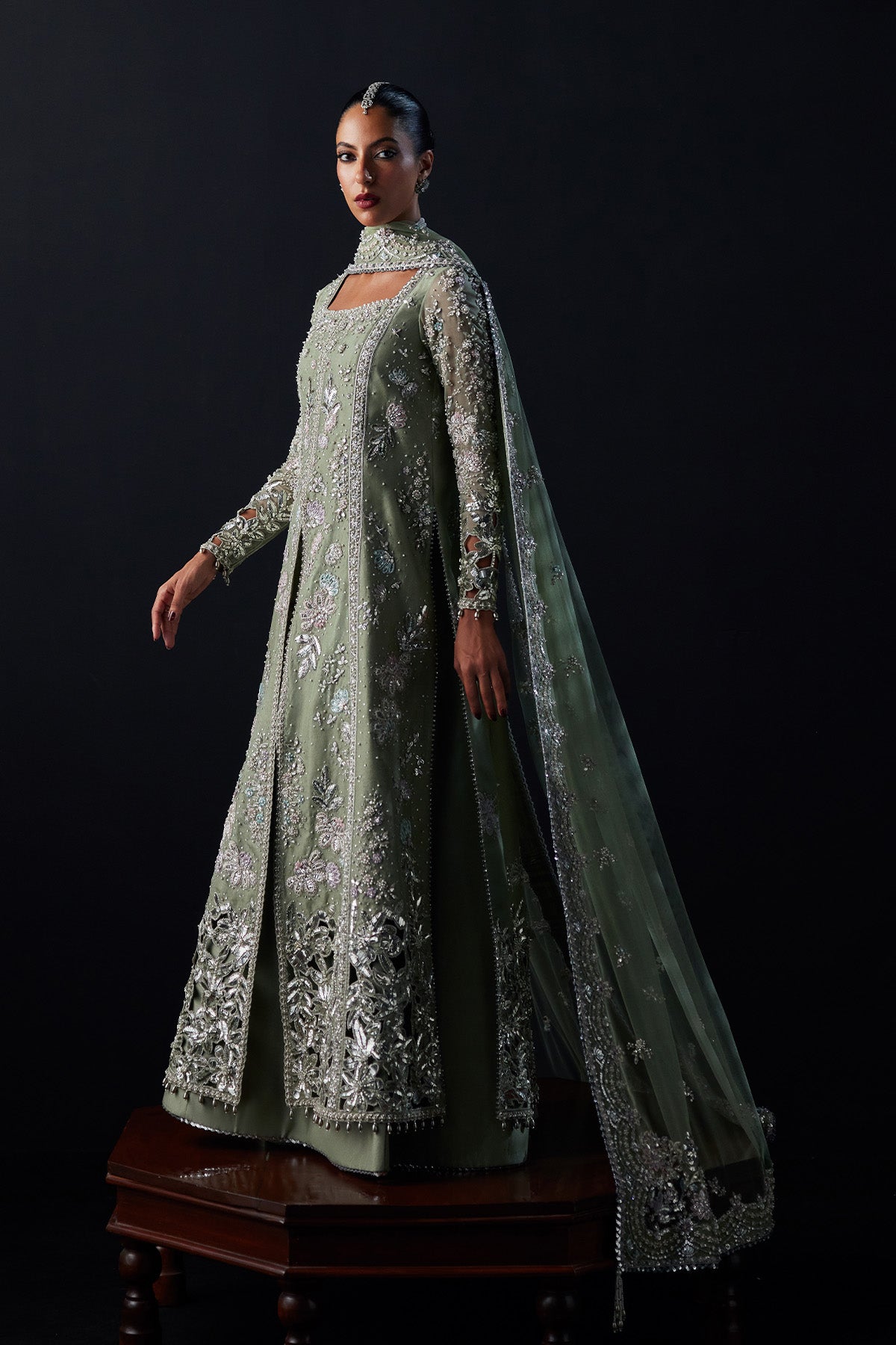Saad Bin Shahzad Emira – sage green mukesh and zardozi front-open gown from Chandni Bridal'26 – view 10
