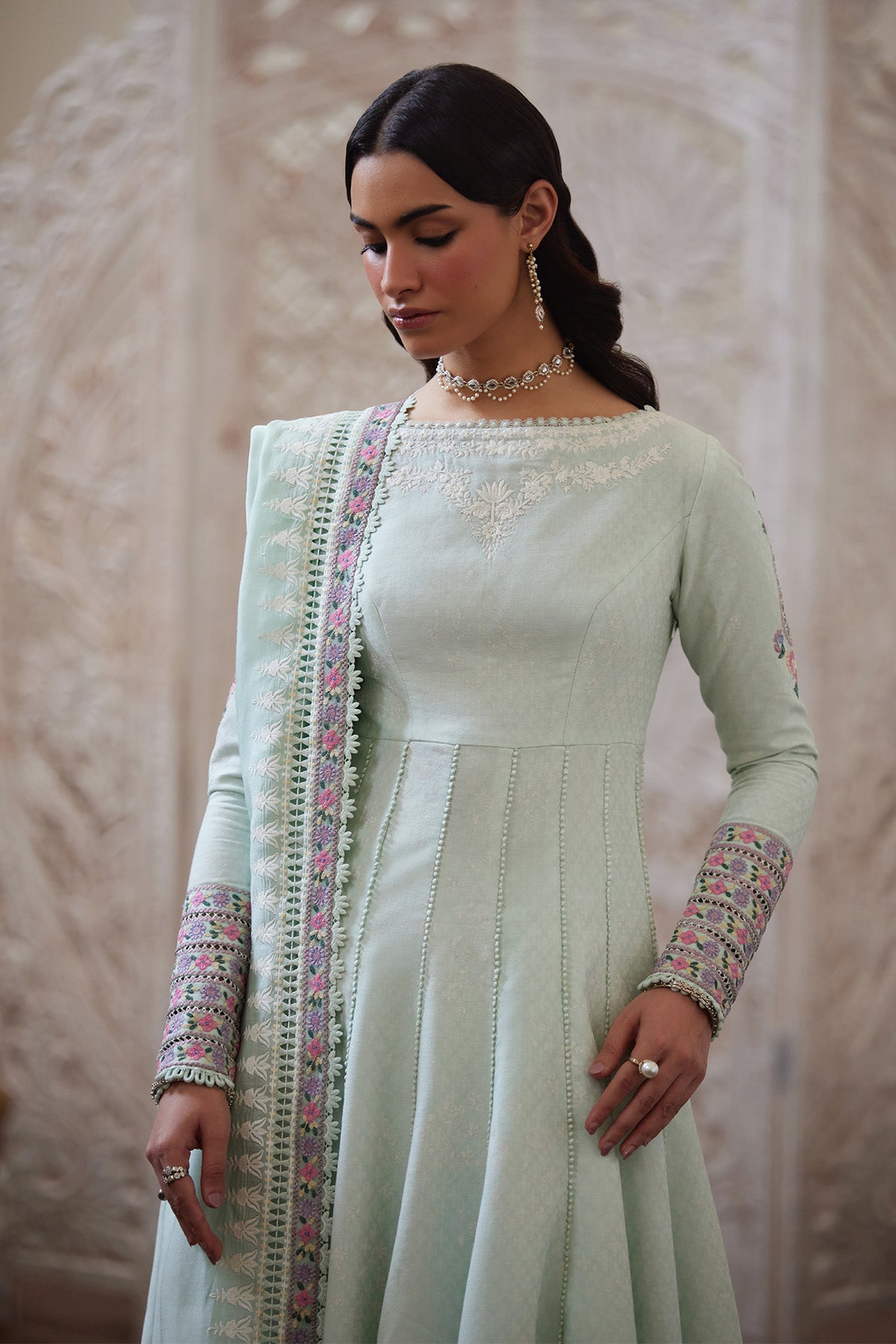 Saad Bin Shahzad Shirin – light seafoam green embroidered textured lawn pishwas from Depalpur – view 3