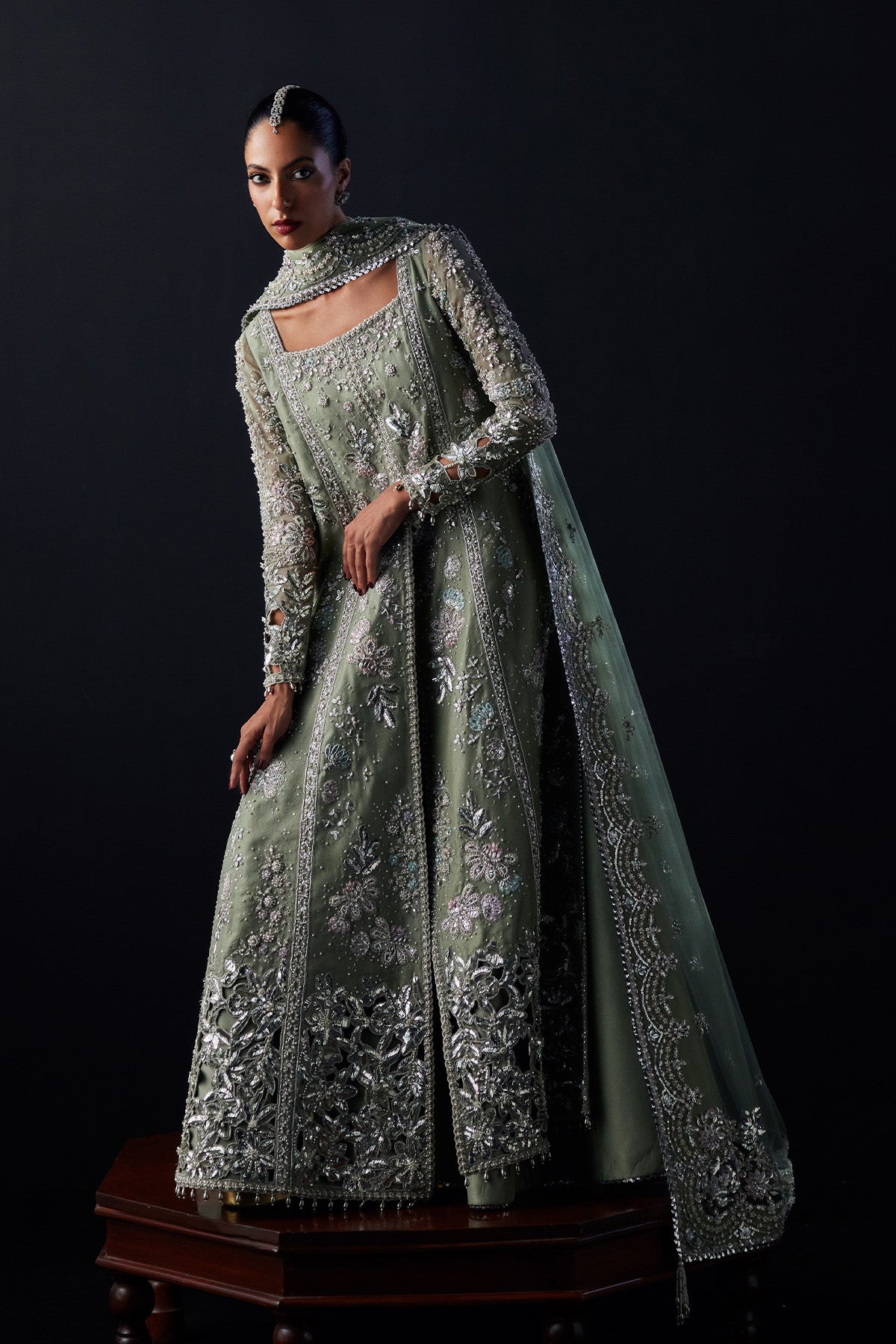 Saad Bin Shahzad Emira – sage green mukesh and zardozi front-open gown from Chandni Bridal'26 – view 5