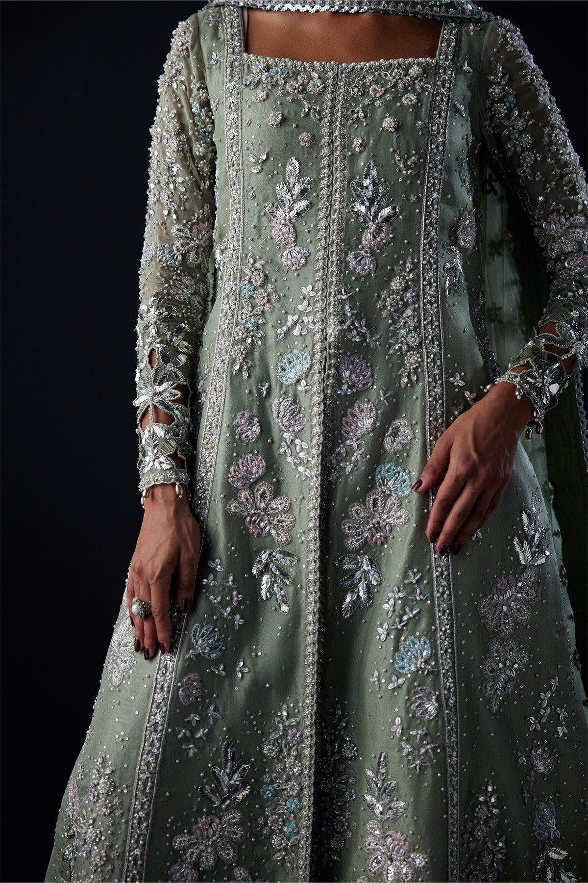 Saad Bin Shahzad Emira – sage green mukesh and zardozi front-open gown from Chandni Bridal'26 – view 4