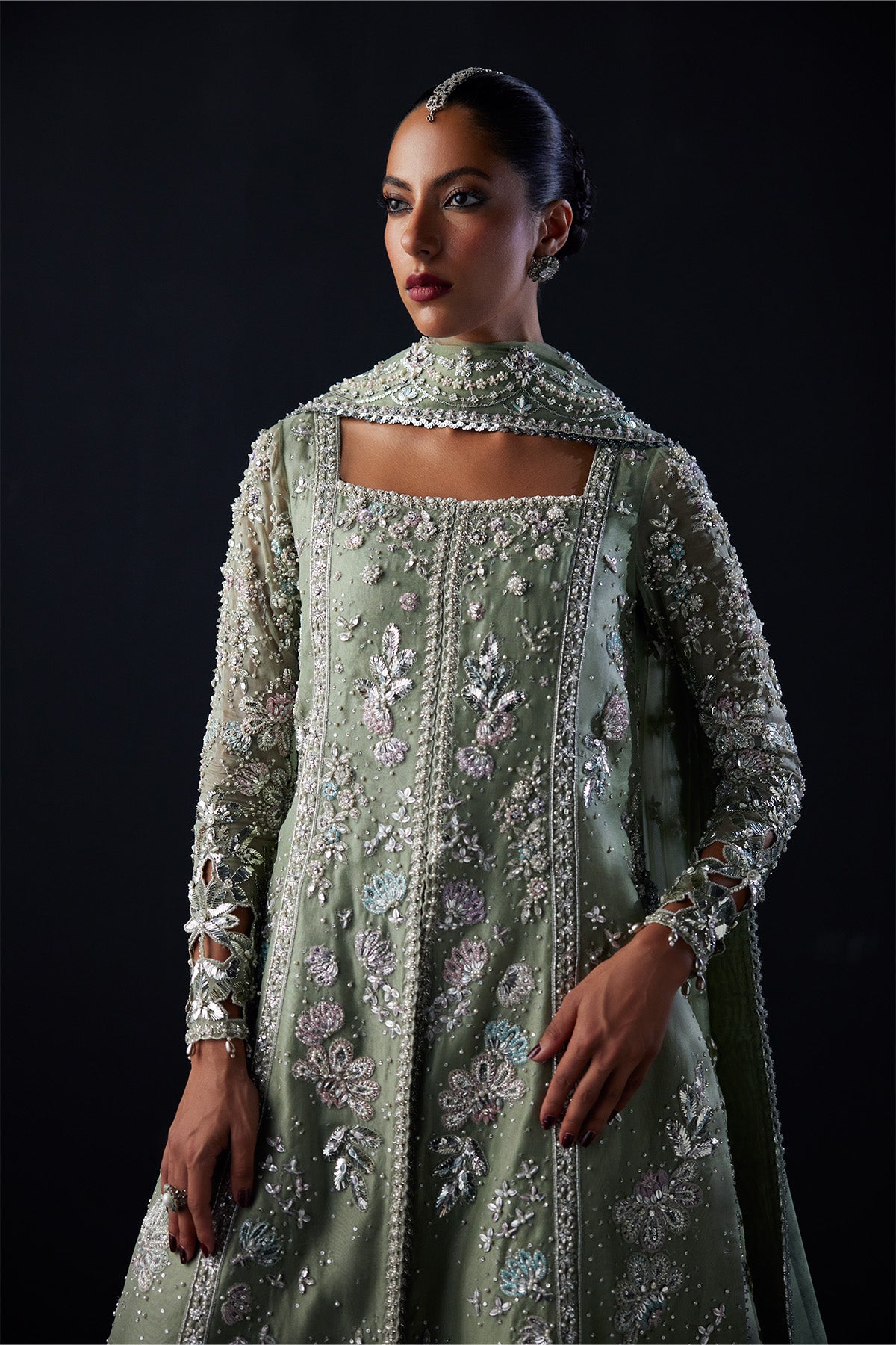Saad Bin Shahzad Emira – sage green mukesh and zardozi front-open gown from Chandni Bridal'26 – view 3