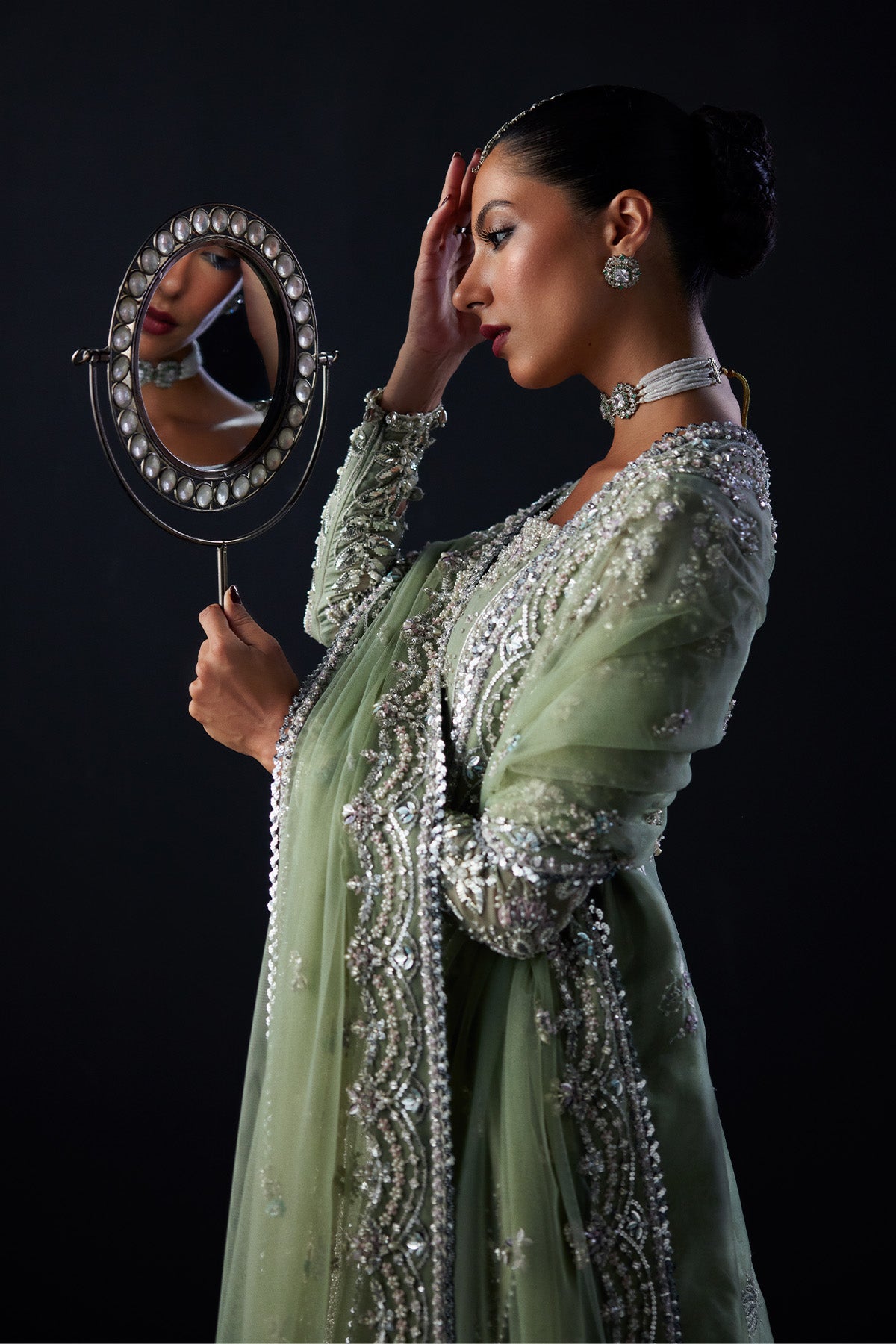 Saad Bin Shahzad Emira – sage green mukesh and zardozi front-open gown from Chandni Bridal'26 – view 9