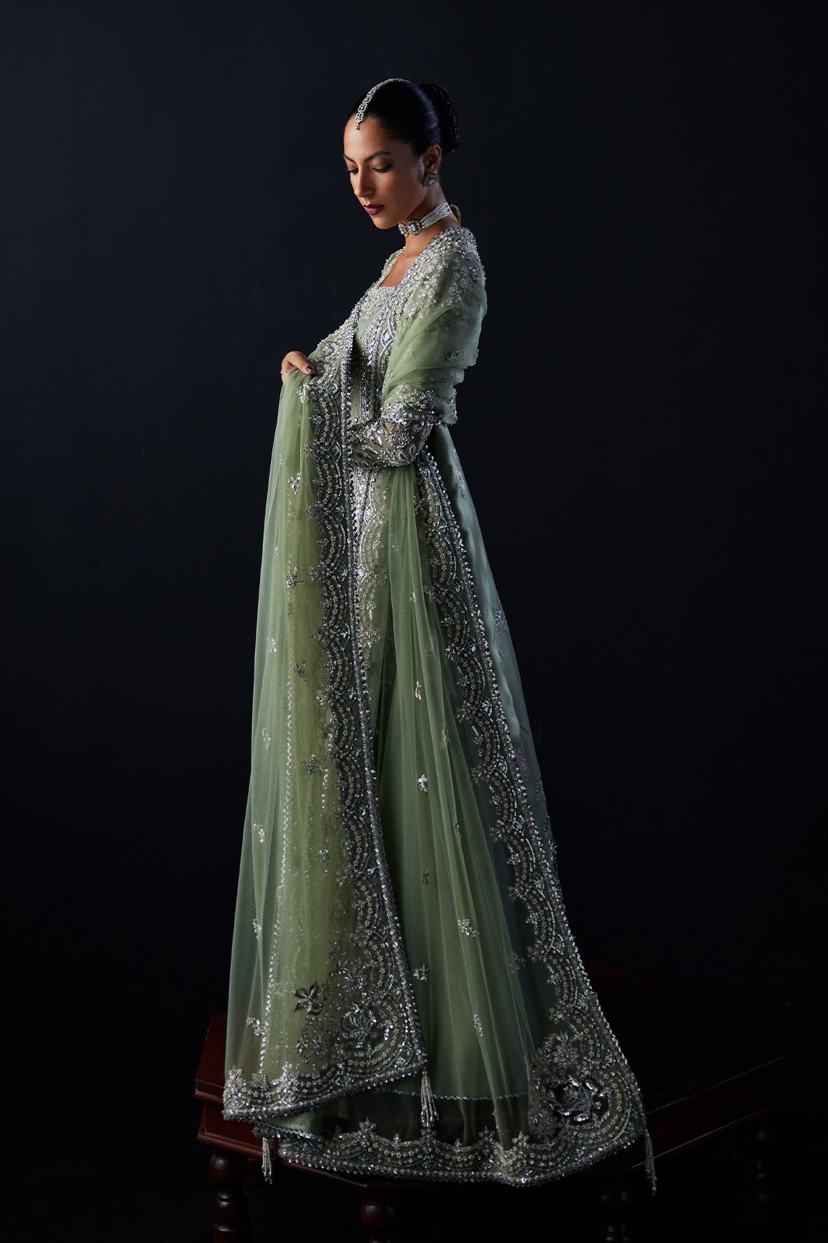 Saad Bin Shahzad Emira – sage green mukesh and zardozi front-open gown from Chandni Bridal'26 – view 2