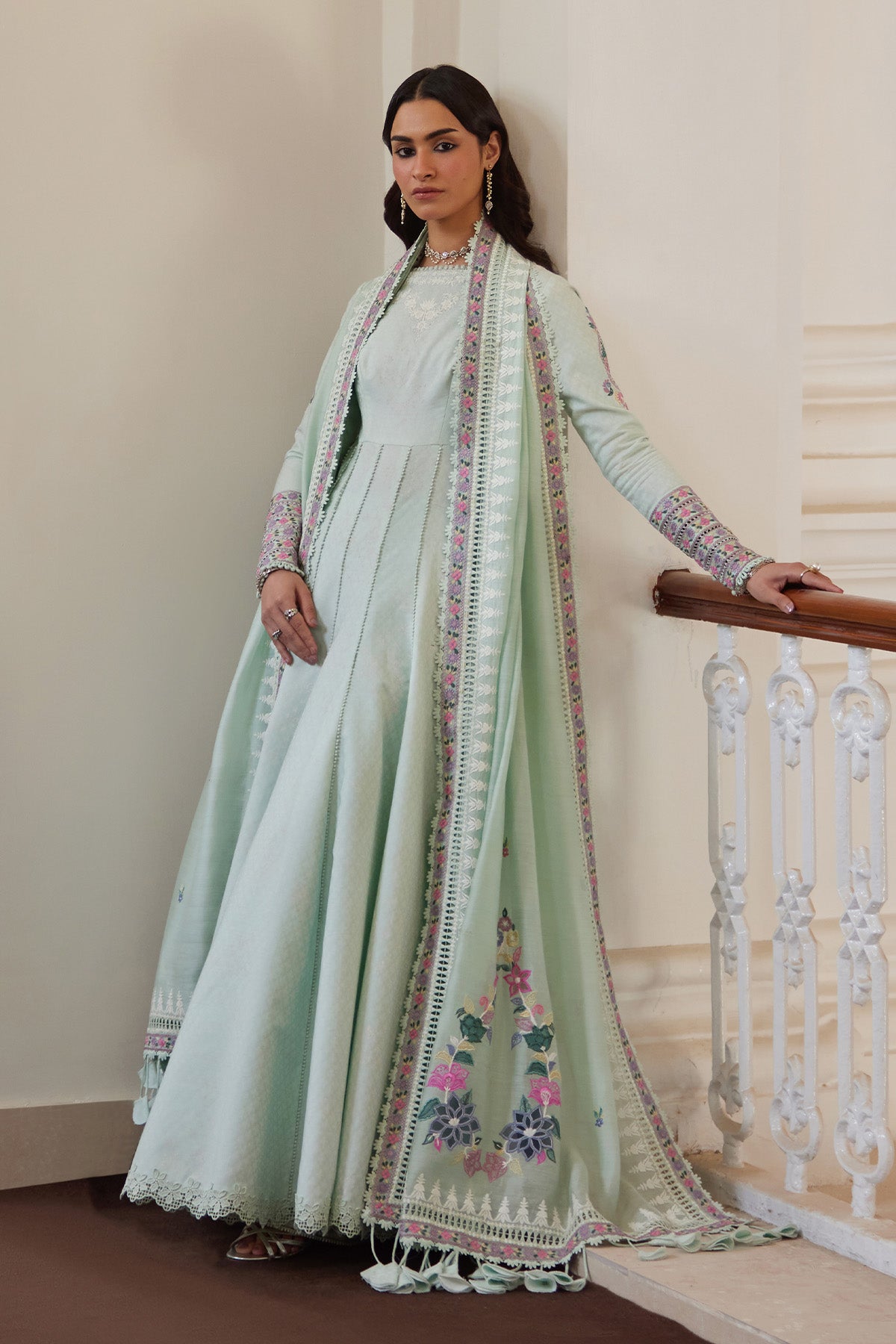 Saad Bin Shahzad Shirin – light seafoam green embroidered textured lawn pishwas from Depalpur – view 2