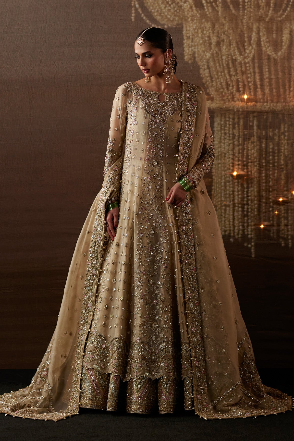 Saad Bin Shahzad Arwa – beige zardozi kalidar pishwas with lehenga from Chandni Bridal'26 – view 6