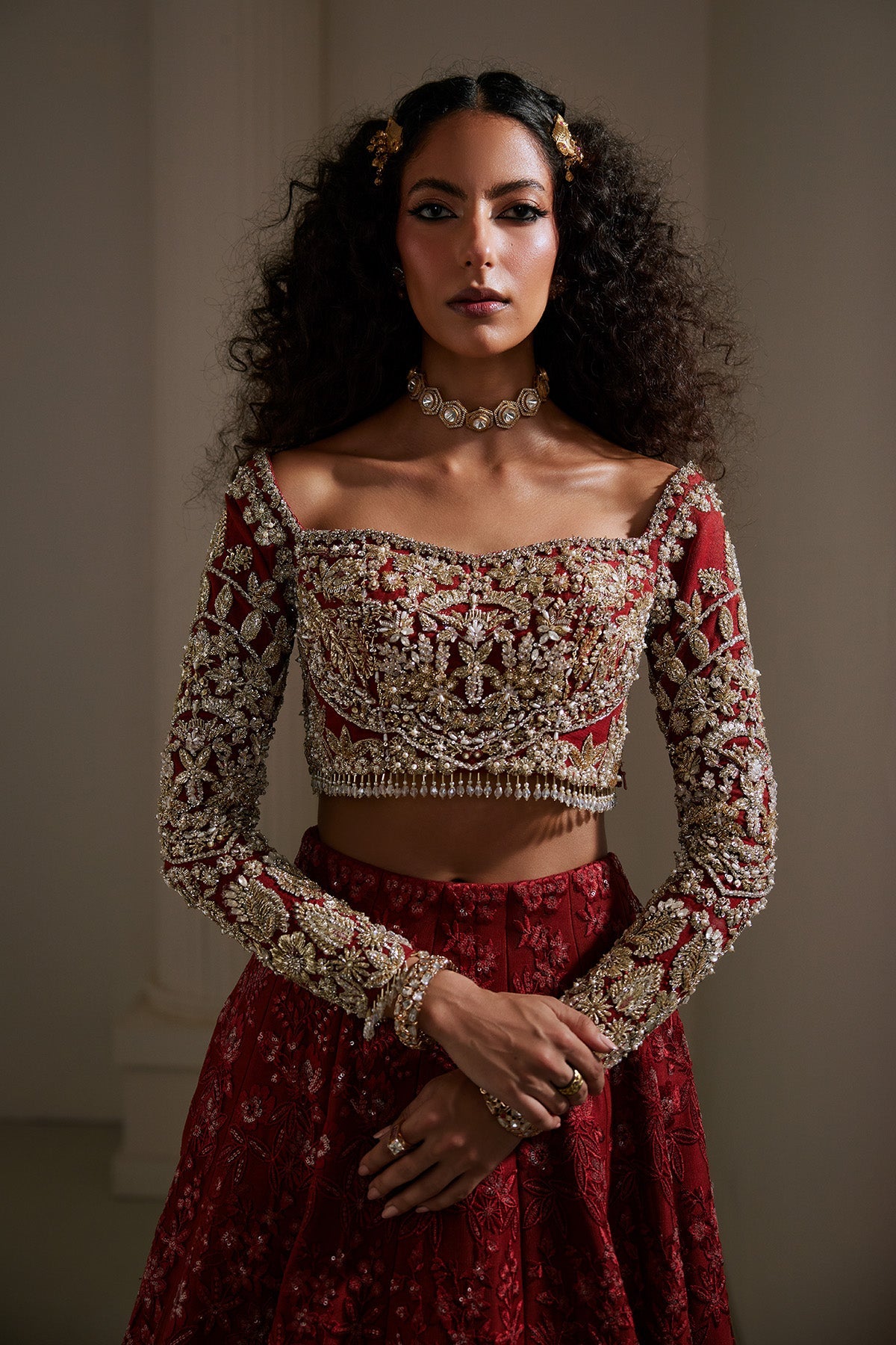 Saad Bin Shahzad Zoye – deep rust self-embroidered lehenga choli with golden hammer work from Lolita'25 – view 3