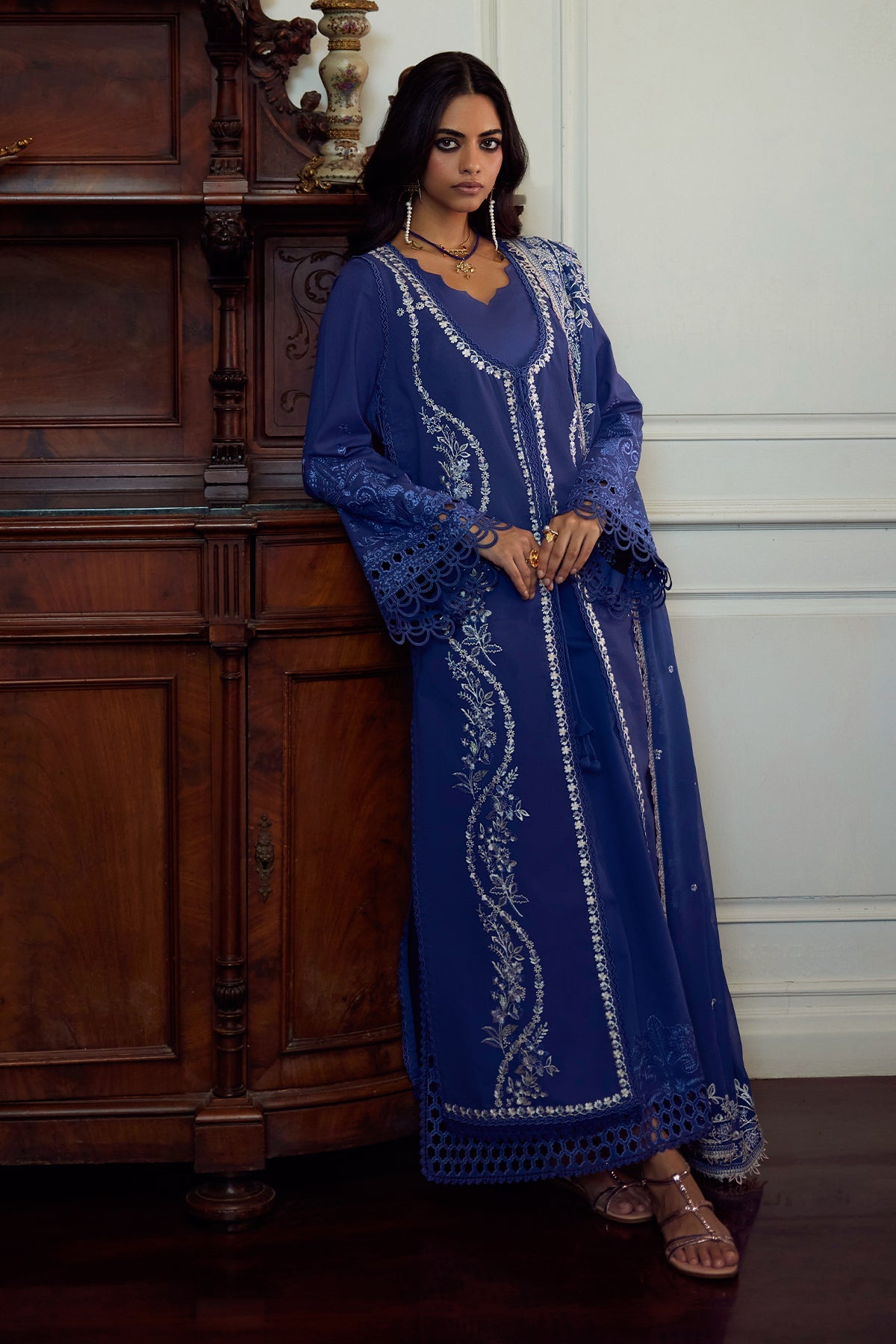 Saad Bin Shahzad Eslem – deep periwinkle embroidered lawn front-open kurta with chiffon dupatta from Summer Pret'26