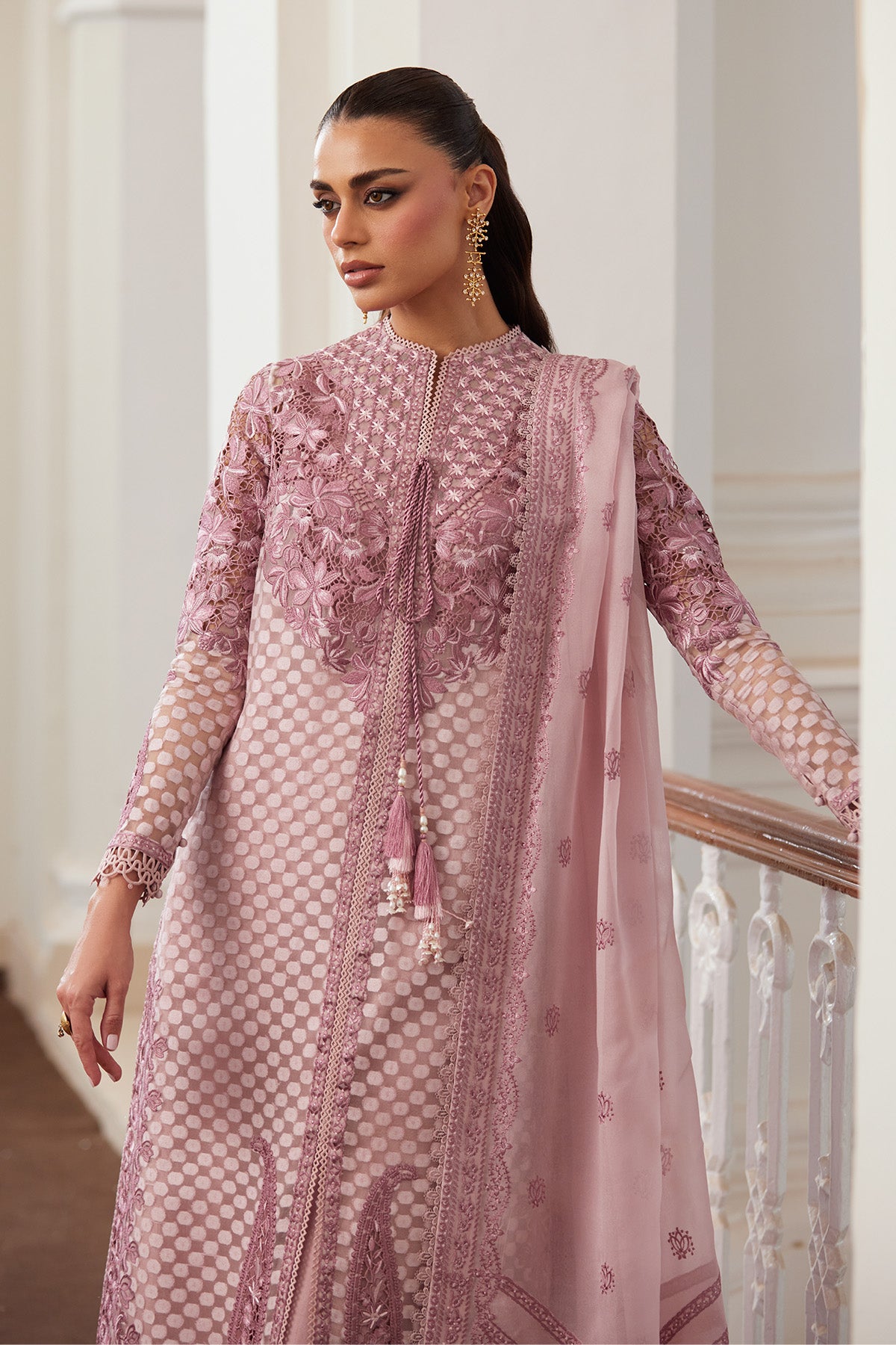 Saad Bin Shahzad Ferisha – dusty rose pink cutwork cotton organza front-open kurta from Depalpur – view 2