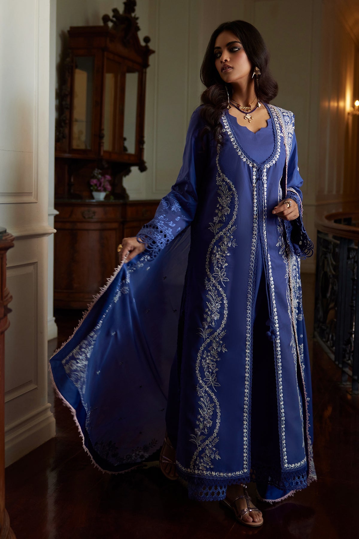 Saad Bin Shahzad Eslem – deep periwinkle embroidered lawn front-open kurta with chiffon dupatta from Summer Pret'26 – view 6