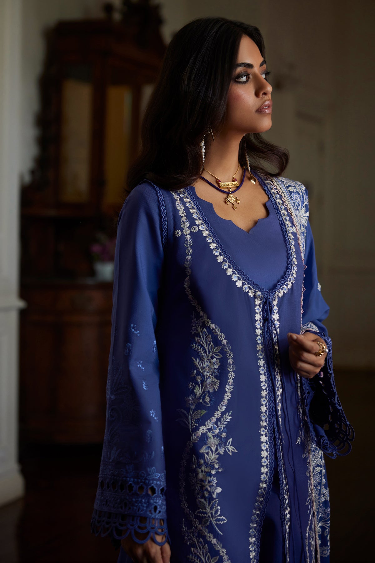 Saad Bin Shahzad Eslem – deep periwinkle embroidered lawn front-open kurta with chiffon dupatta from Summer Pret'26 – view 7