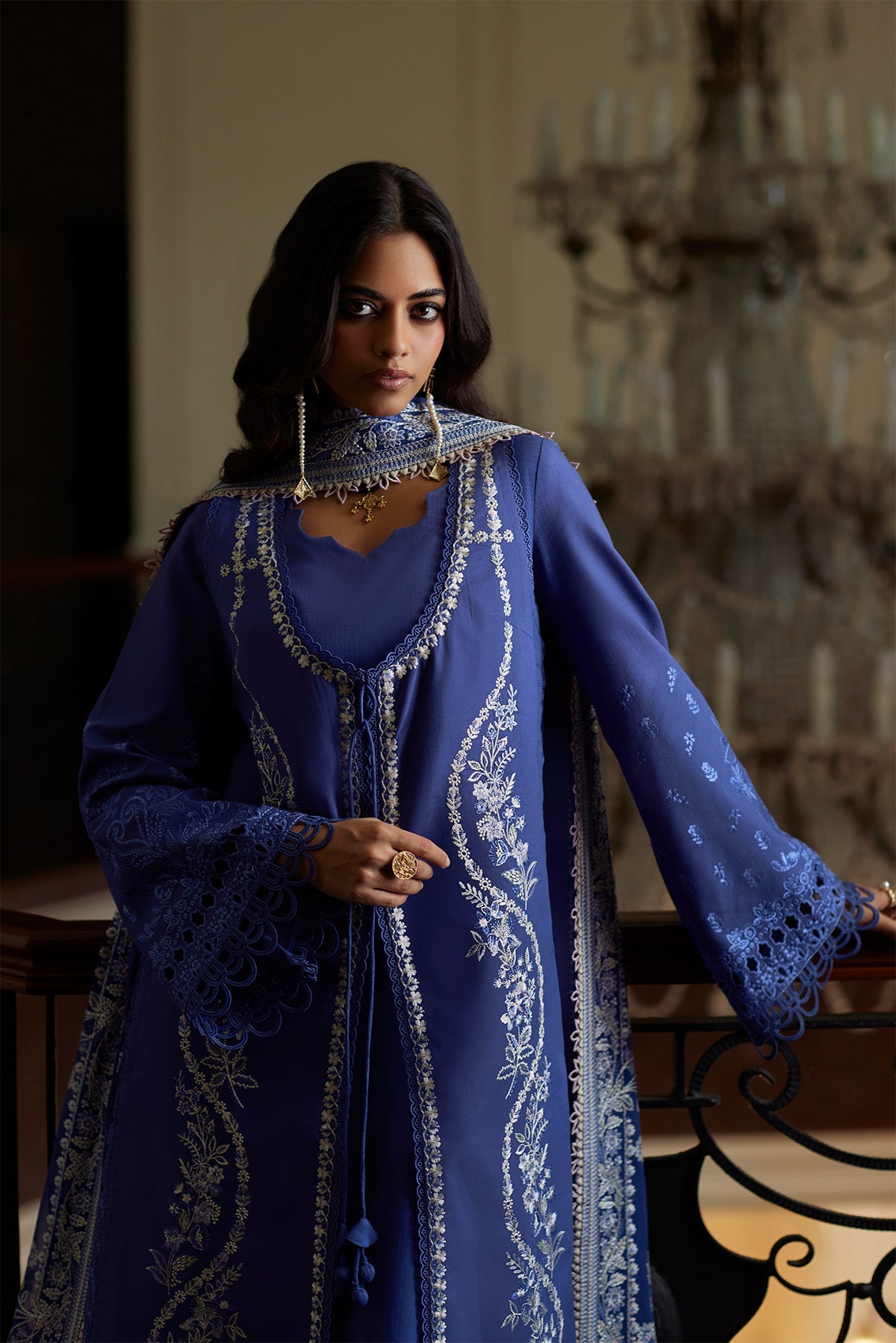 Saad Bin Shahzad Eslem – deep periwinkle embroidered lawn front-open kurta with chiffon dupatta from Summer Pret'26 – view 8