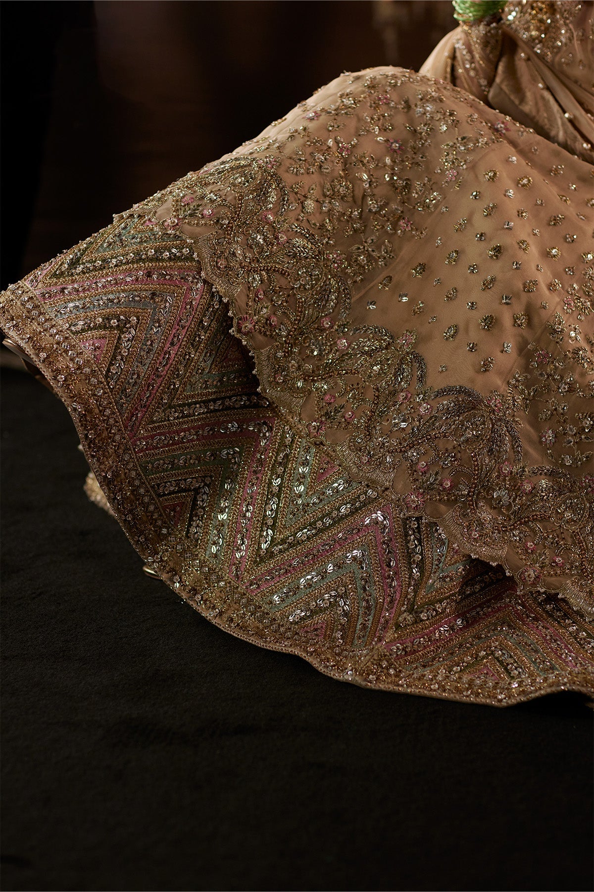 Saad Bin Shahzad Arwa – beige zardozi kalidar pishwas with lehenga from Chandni Bridal'26 – view 13