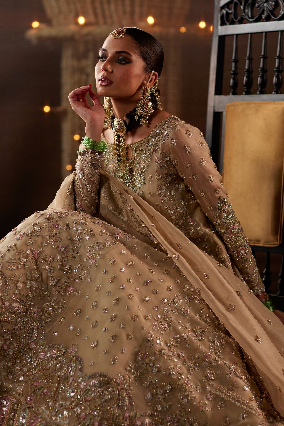 Saad Bin Shahzad Arwa – beige zardozi kalidar pishwas with lehenga from Chandni Bridal'26 – view 12