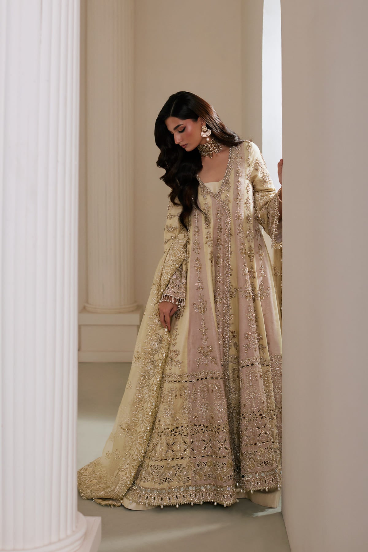 Saad Bin Shahzad Naira – butter yellow and pink hand-embellished kalidar with sharara from Lolita'25 – view 2