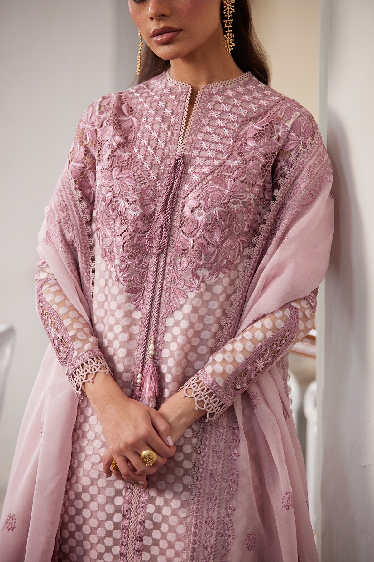 Saad Bin Shahzad Ferisha – dusty rose pink cutwork cotton organza front-open kurta from Depalpur – view 3