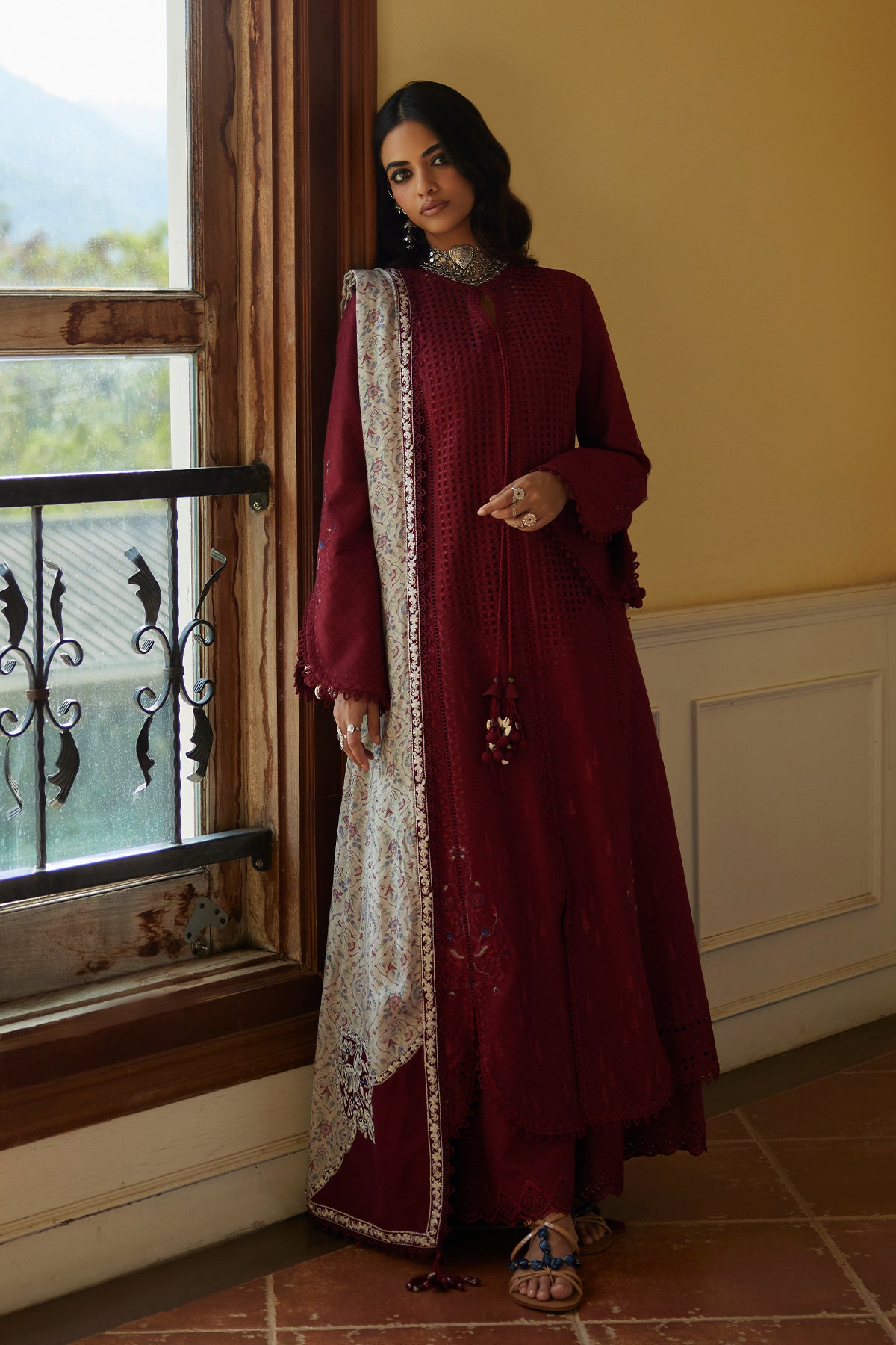 Saad Bin Shahzad Feeha – deep red cutwork lawn front-open kurta with printed silk dupatta from Summer Pret'26 – view 10