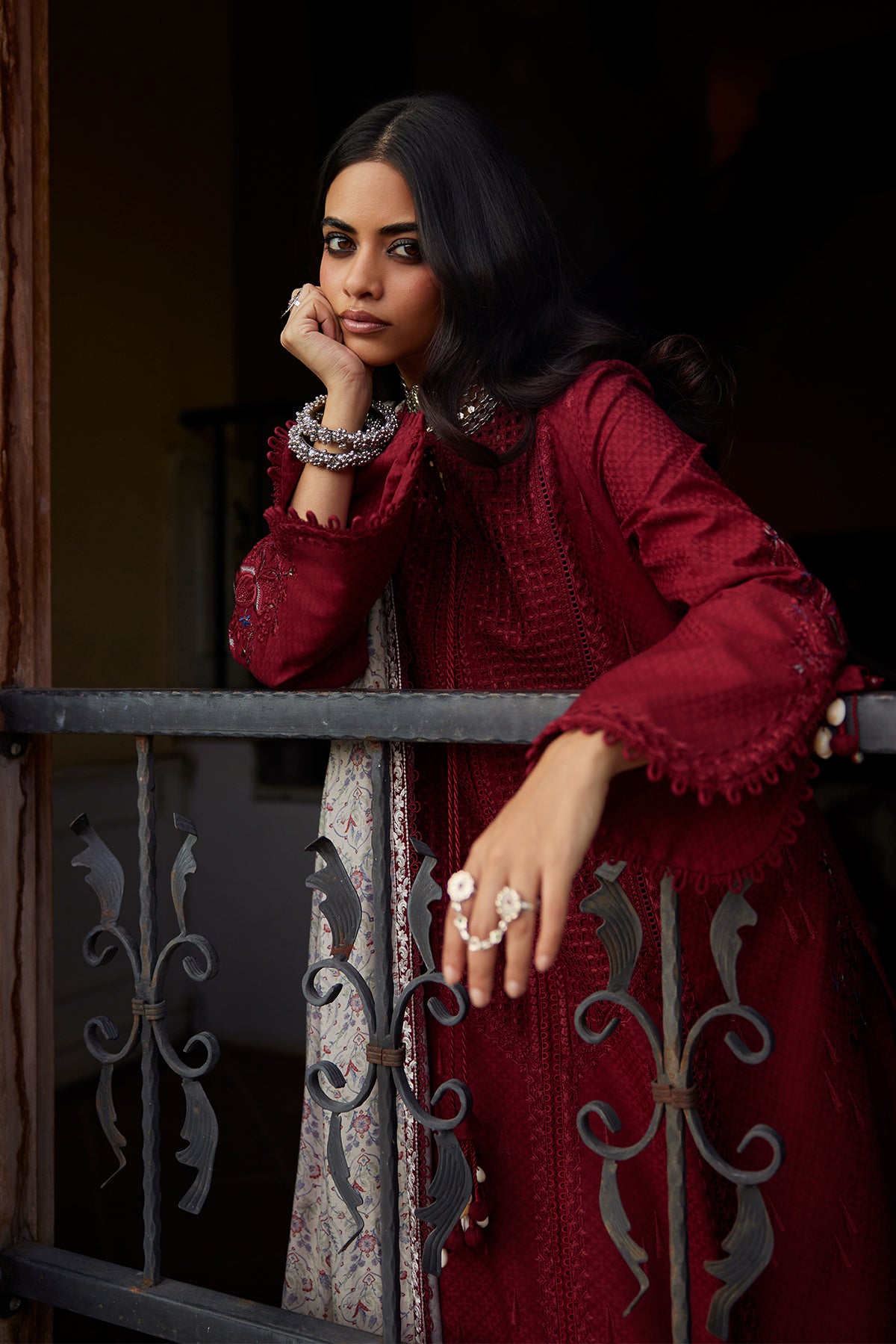 Saad Bin Shahzad Feeha – deep red cutwork lawn front-open kurta with printed silk dupatta from Summer Pret'26 – view 9