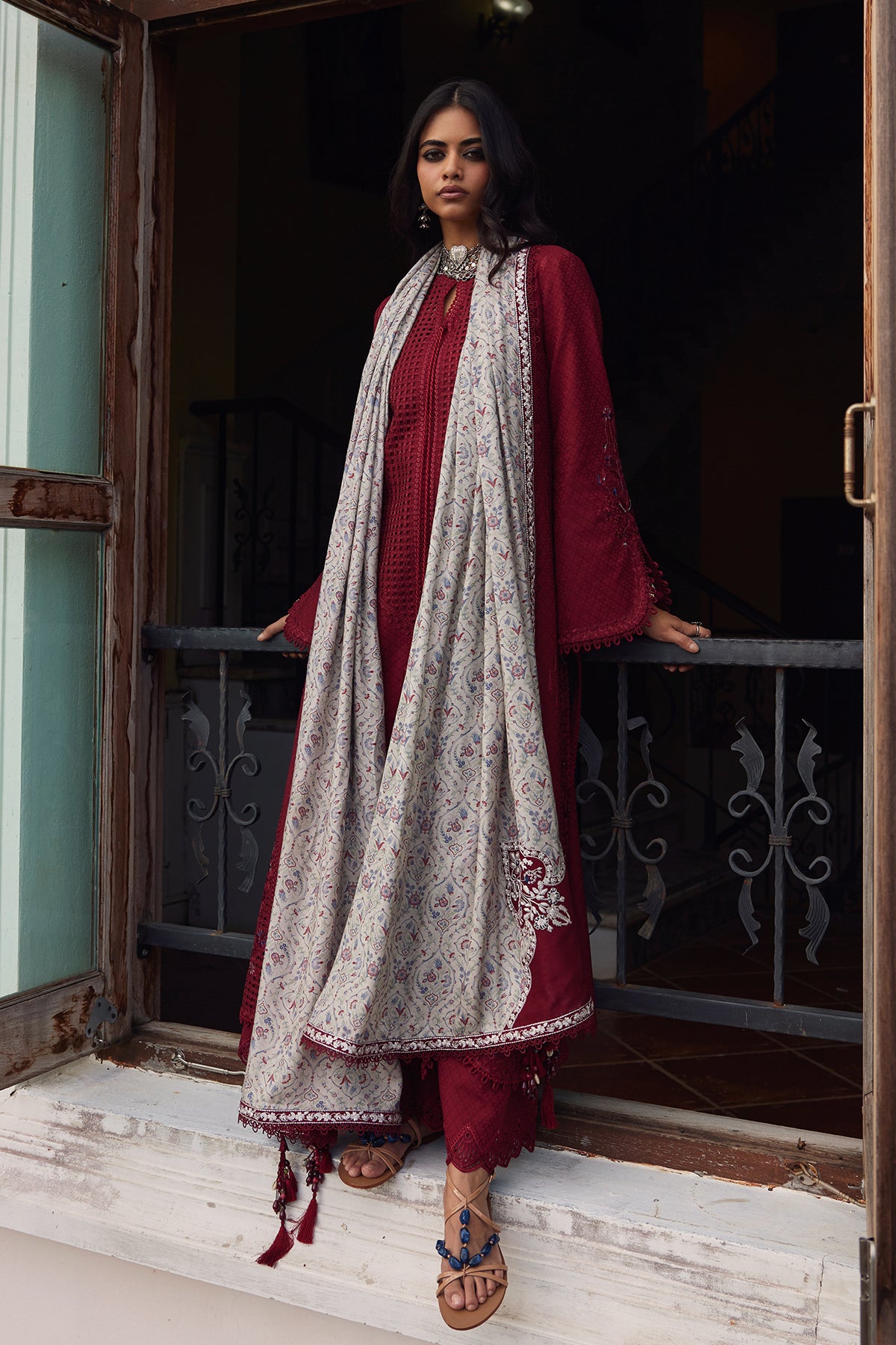 Saad Bin Shahzad Feeha – deep red cutwork lawn front-open kurta with printed silk dupatta from Summer Pret'26 – view 11