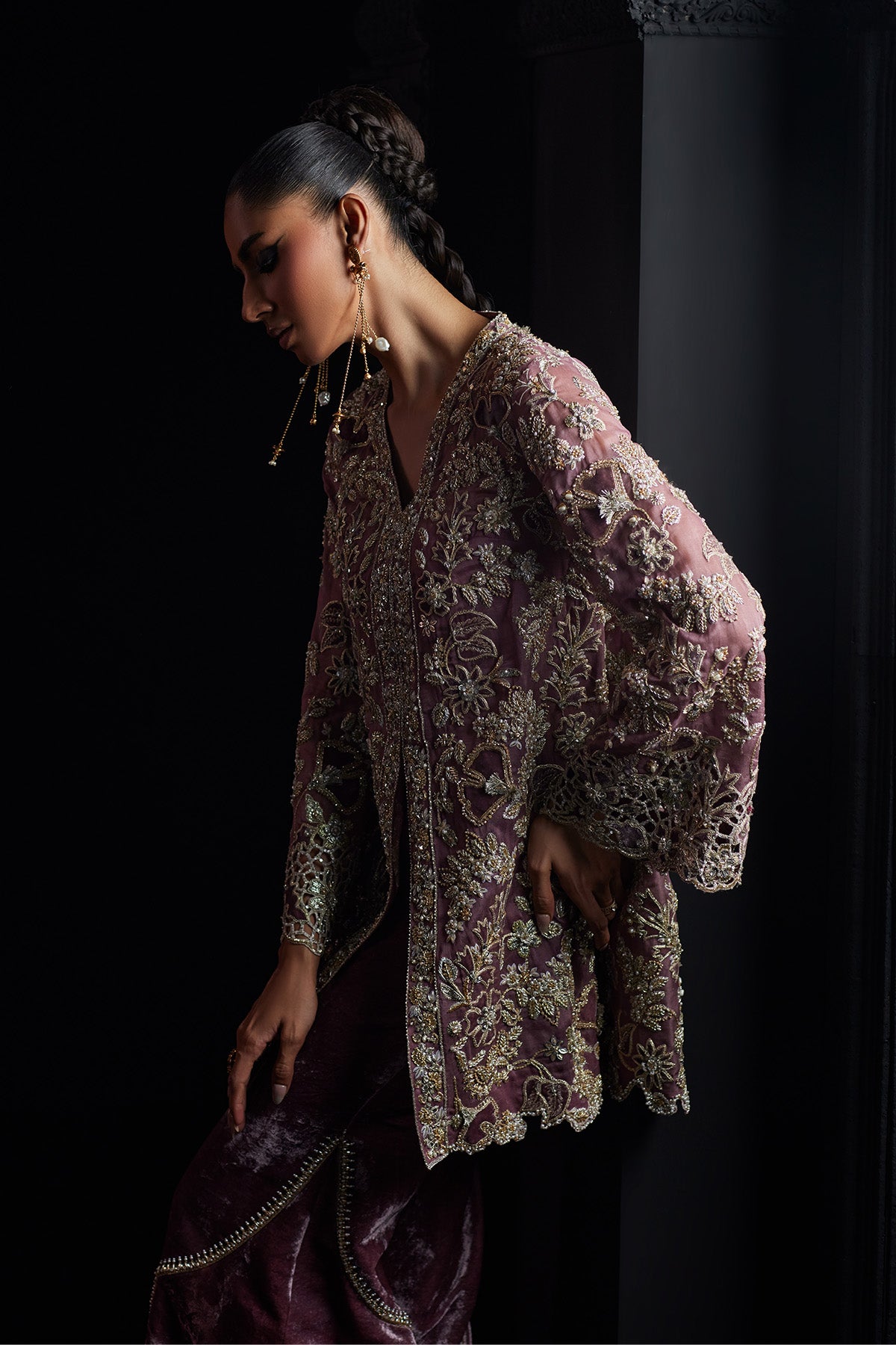 Saad Bin Shahzad Maram – rosewood embroidered jacket with velvet trousers from Chandni Bridal'26 – view 3