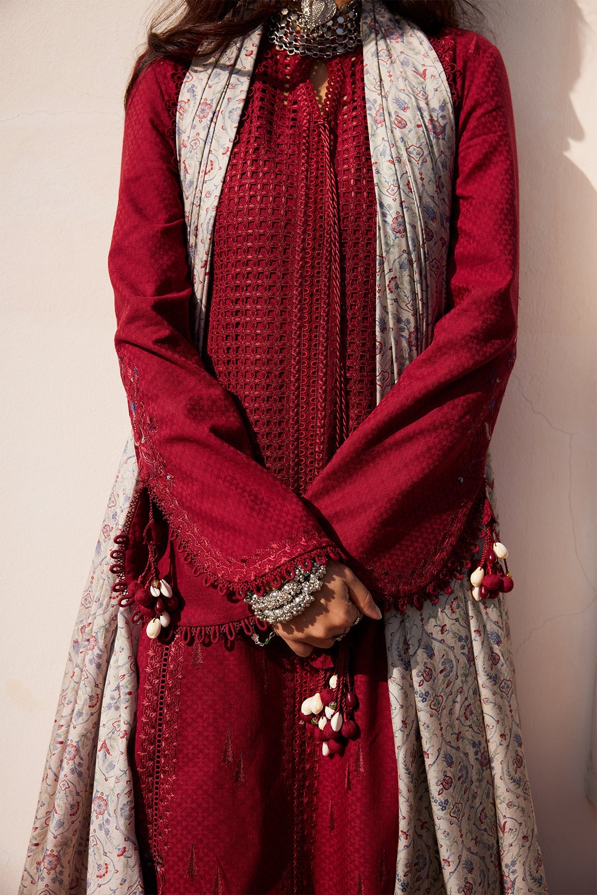 Saad Bin Shahzad Feeha – deep red cutwork lawn front-open kurta with printed silk dupatta from Summer Pret'26 – view 4