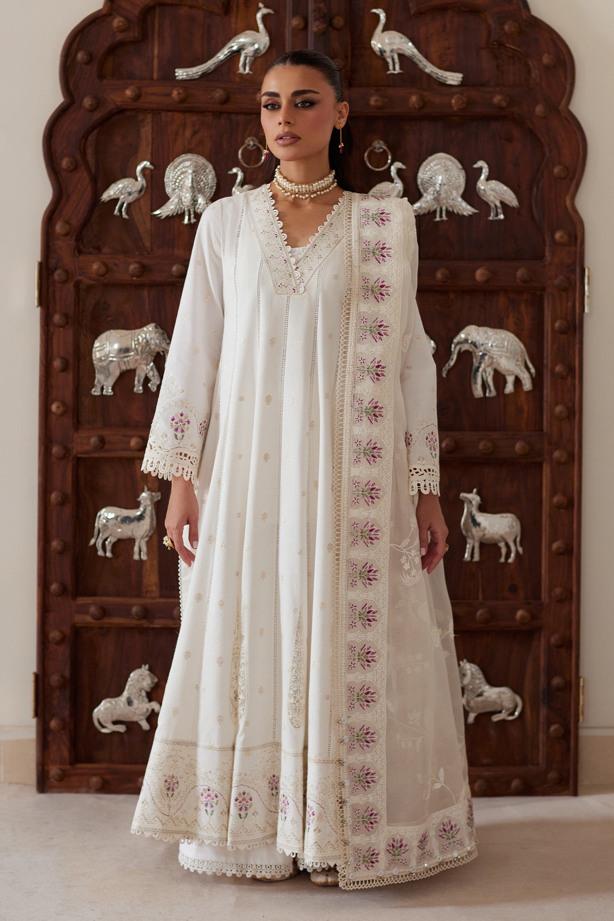 Saad Bin Shahzad Ember – off-white embroidered zari lawn kalidar with organza dupatta from Depalpur