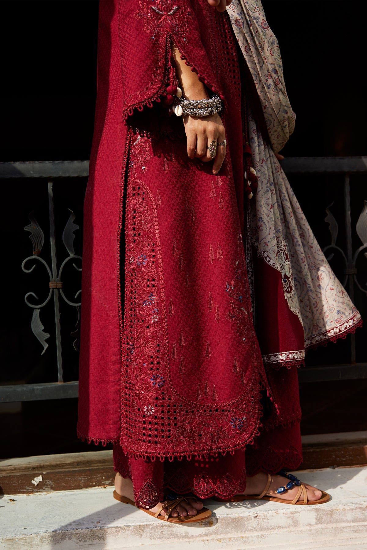 Saad Bin Shahzad Feeha – deep red cutwork lawn front-open kurta with printed silk dupatta from Summer Pret'26 – view 5