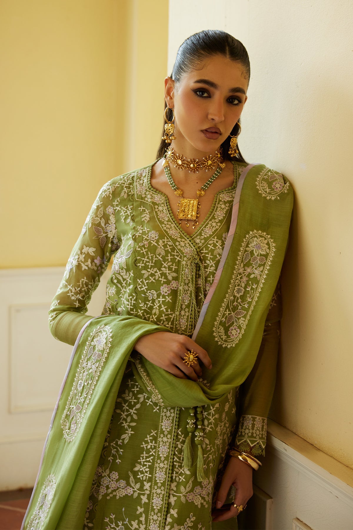 Saad Bin Shahzad Minha – pear green resham-embroidered paper lawn angrakha kurta from Summer Pret'26 – view 2