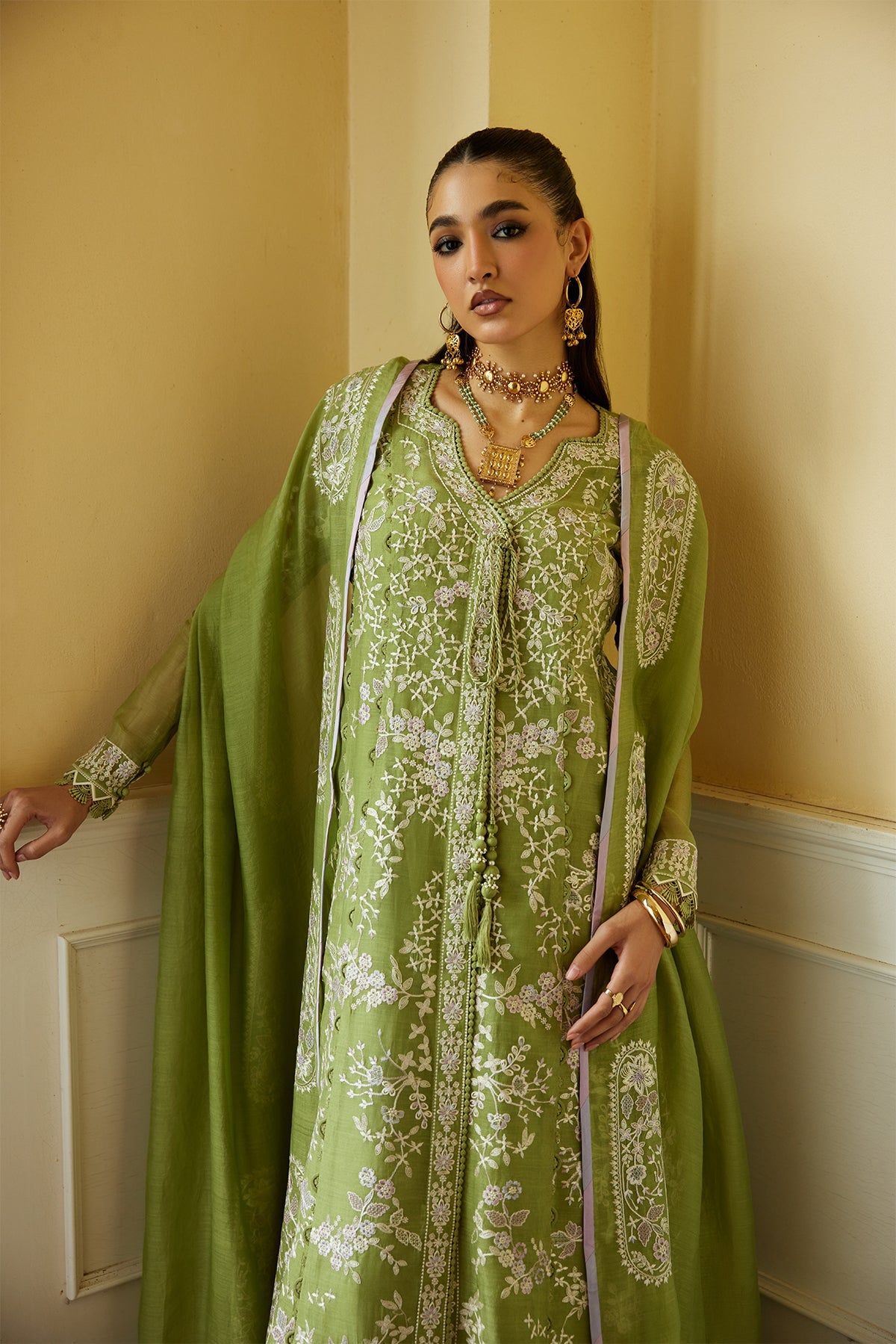 Saad Bin Shahzad Minha – pear green resham-embroidered paper lawn angrakha kurta from Summer Pret'26 – view 5