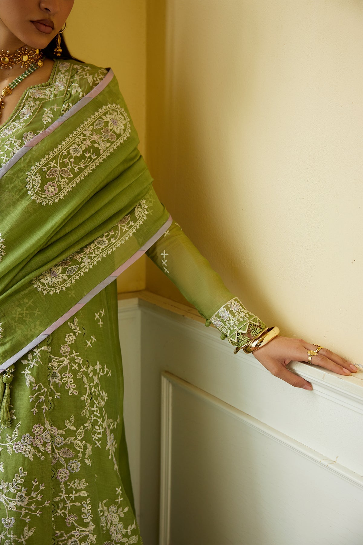Saad Bin Shahzad Minha – pear green resham-embroidered paper lawn angrakha kurta from Summer Pret'26 – view 4