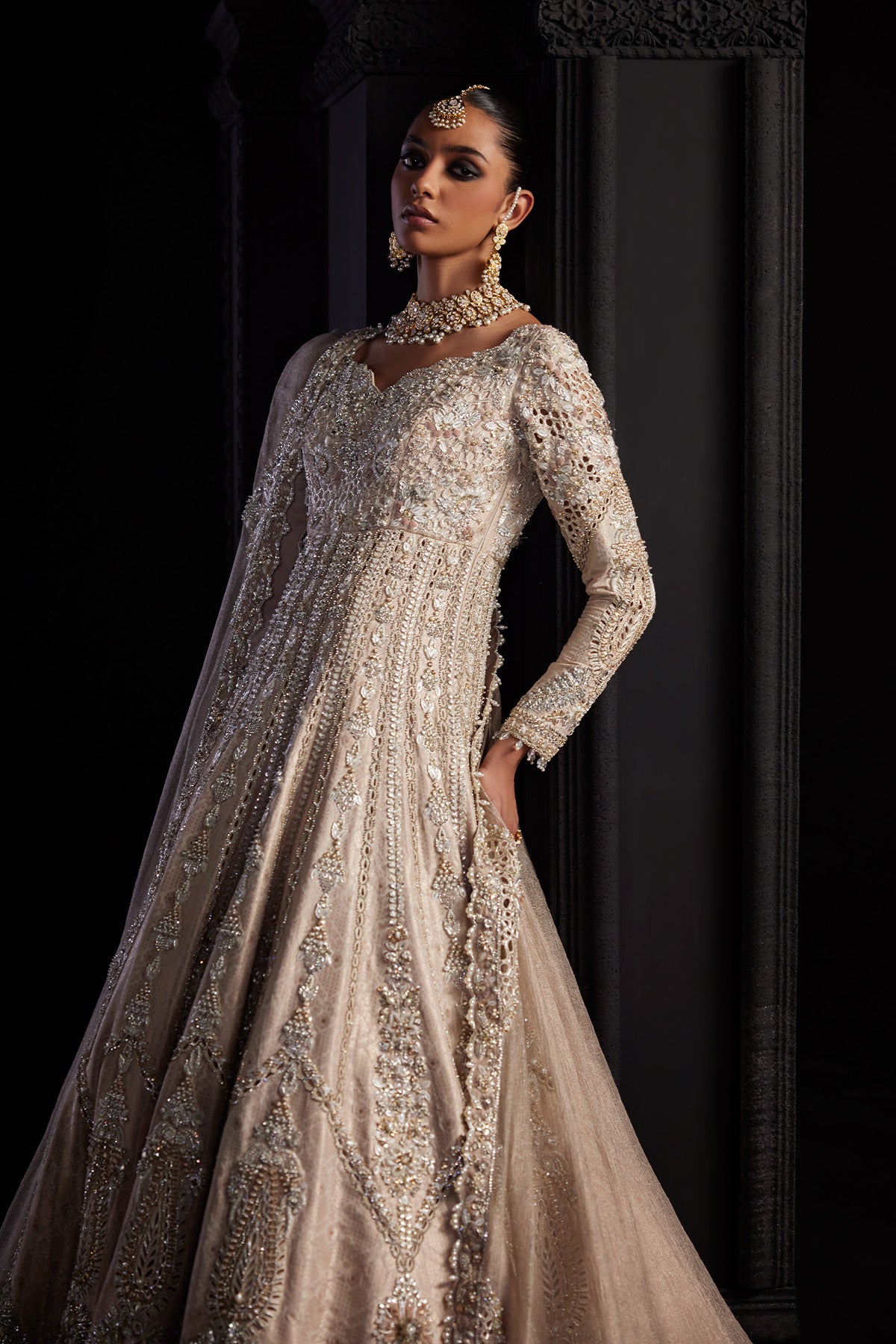 Saad Bin Shahzad Ahlam – nude pink jamawar bridal pishwas with zardozi from Chandni Bridal'26 – view 7