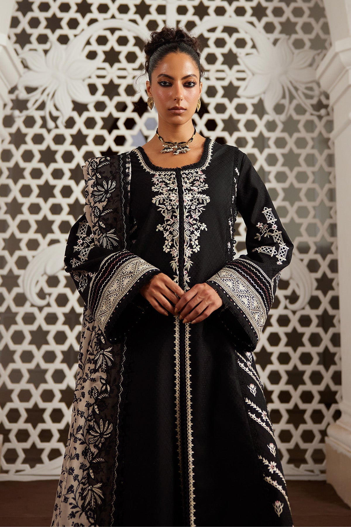 Saad Bin Shahzad Eshal – black embroidered jacquard lawn kalidar with culottes and printed silk dupatta from Depalpur