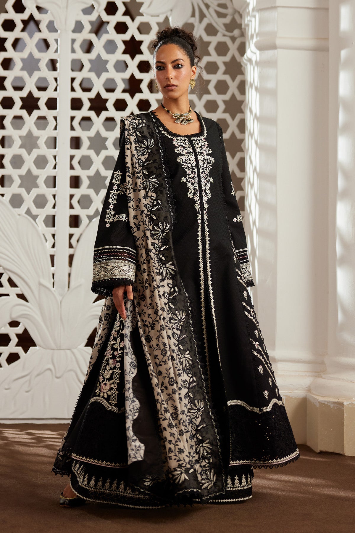 Saad Bin Shahzad Eshal – black embroidered jacquard lawn kalidar with culottes and printed silk dupatta from Depalpur