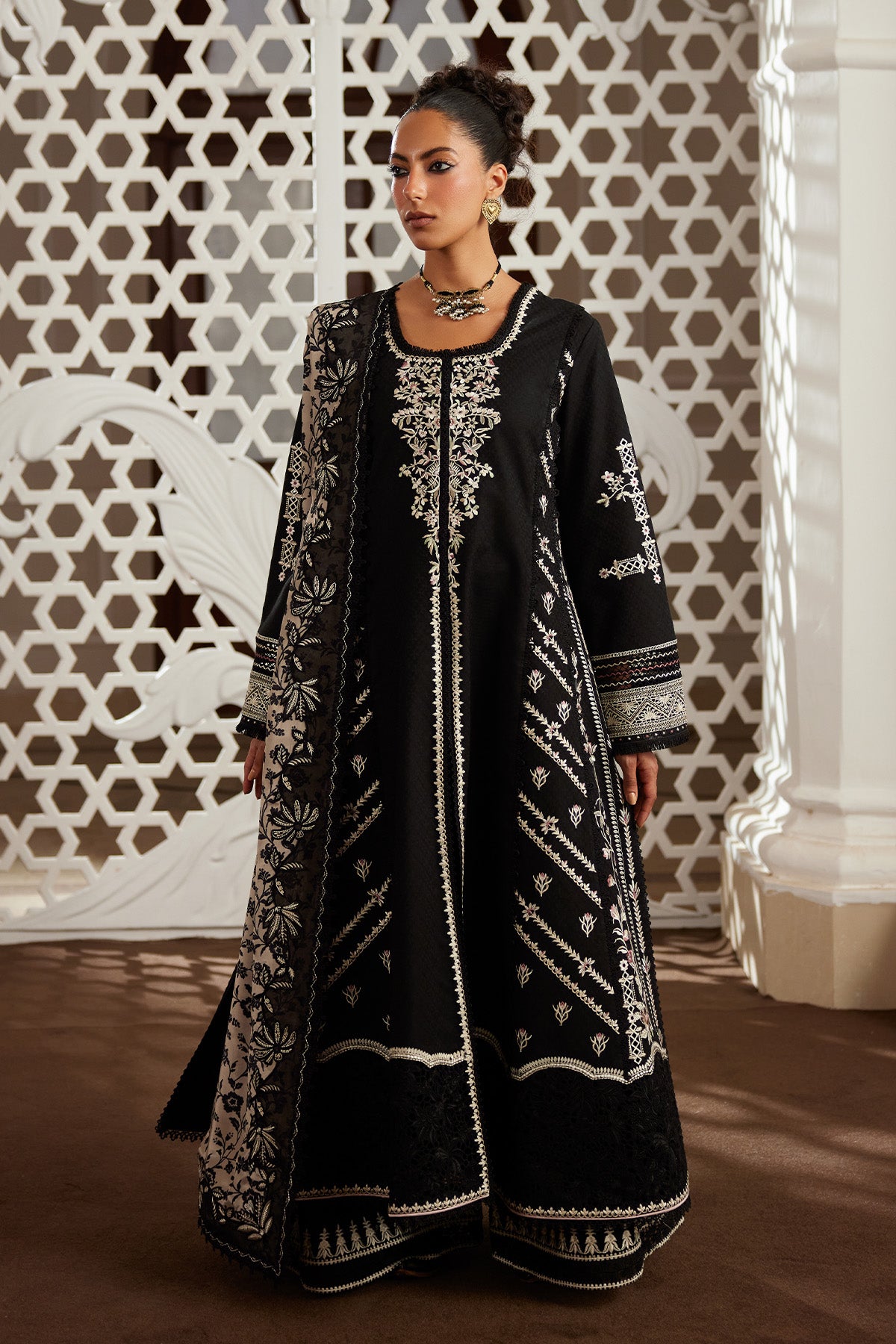 Saad Bin Shahzad Eshal – black embroidered jacquard lawn kalidar with culottes and printed silk dupatta from Depalpur