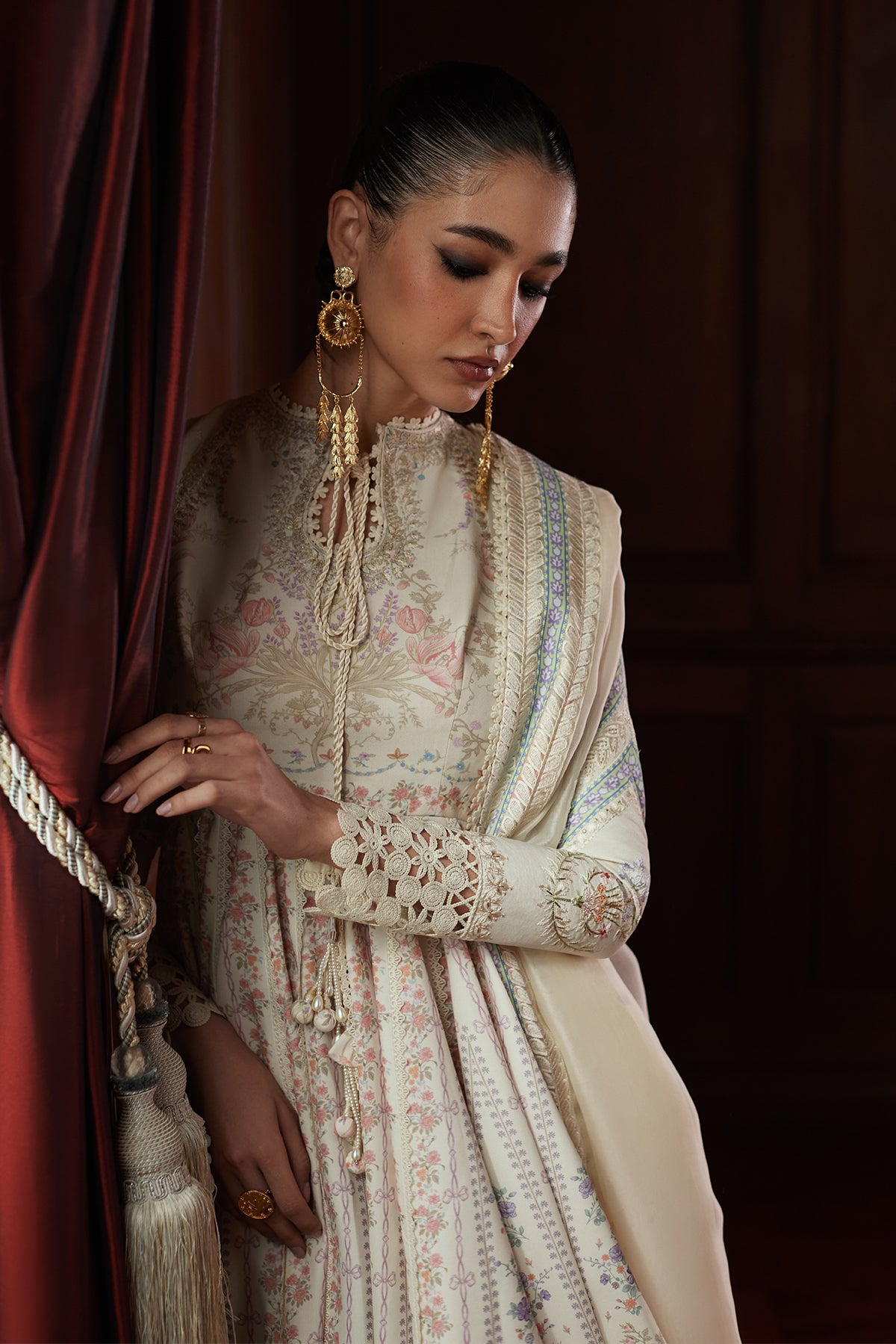 Saad Bin Shahzad Safira – ivory floral printed and embroidered lawn pishwas from Depalpur – view 4