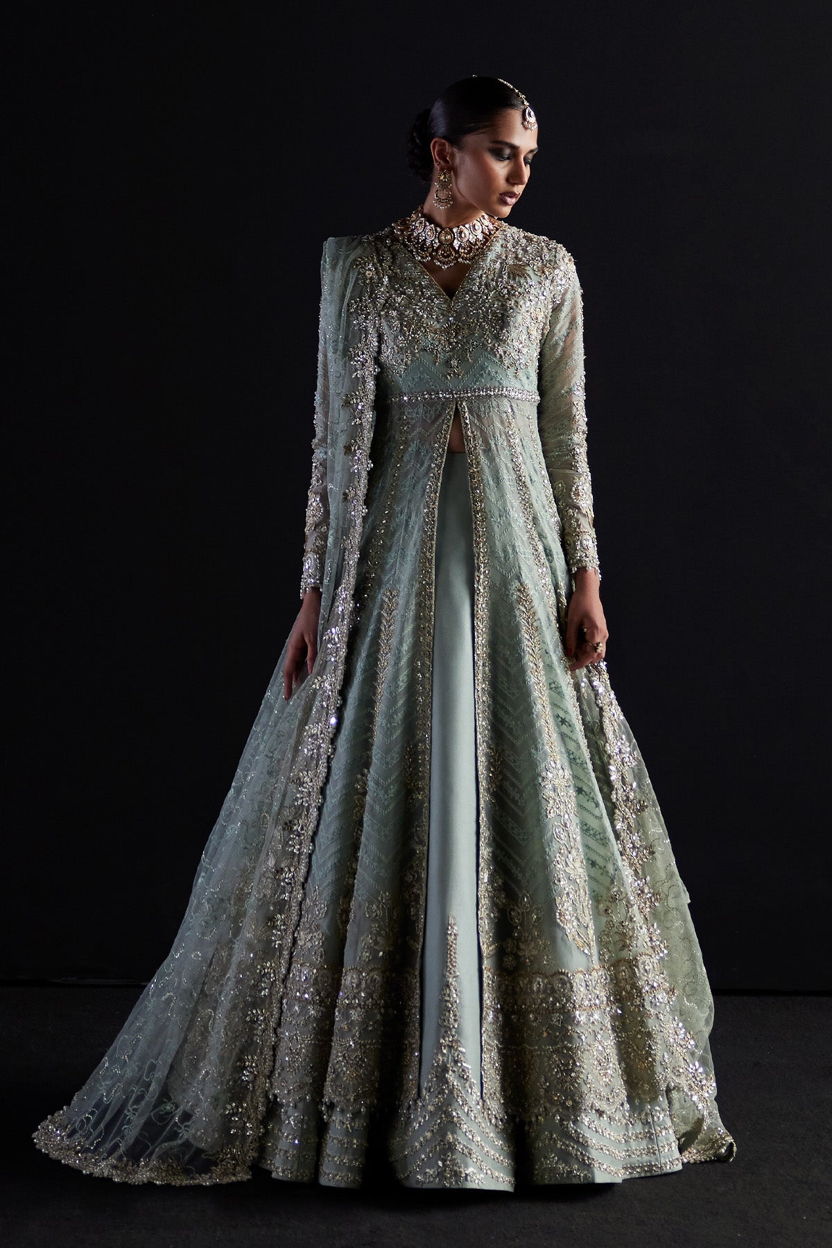 Saad Bin Shahzad Kyra – pastel blue zardozi bridal pishwas from Chandni Bridal'26