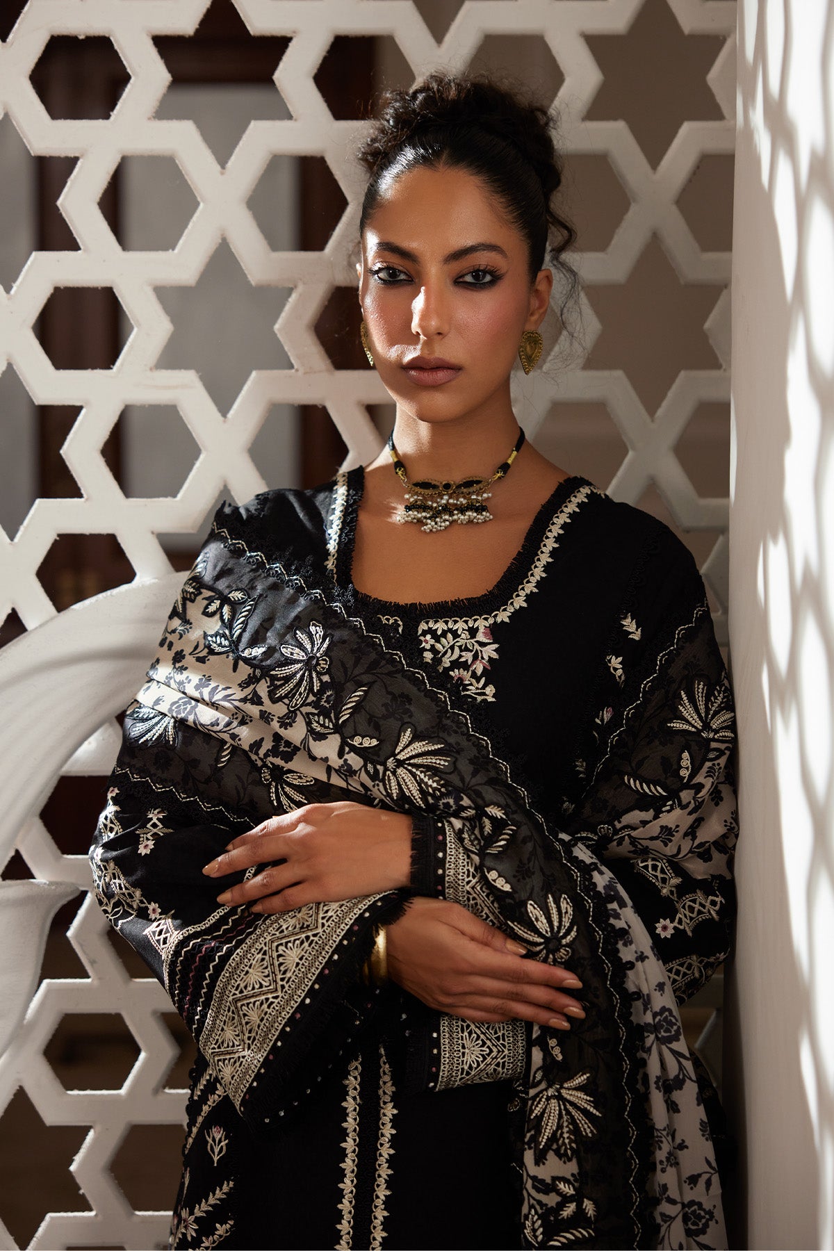Saad Bin Shahzad Eshal – black embroidered jacquard lawn kalidar with culottes and printed silk dupatta from Depalpur