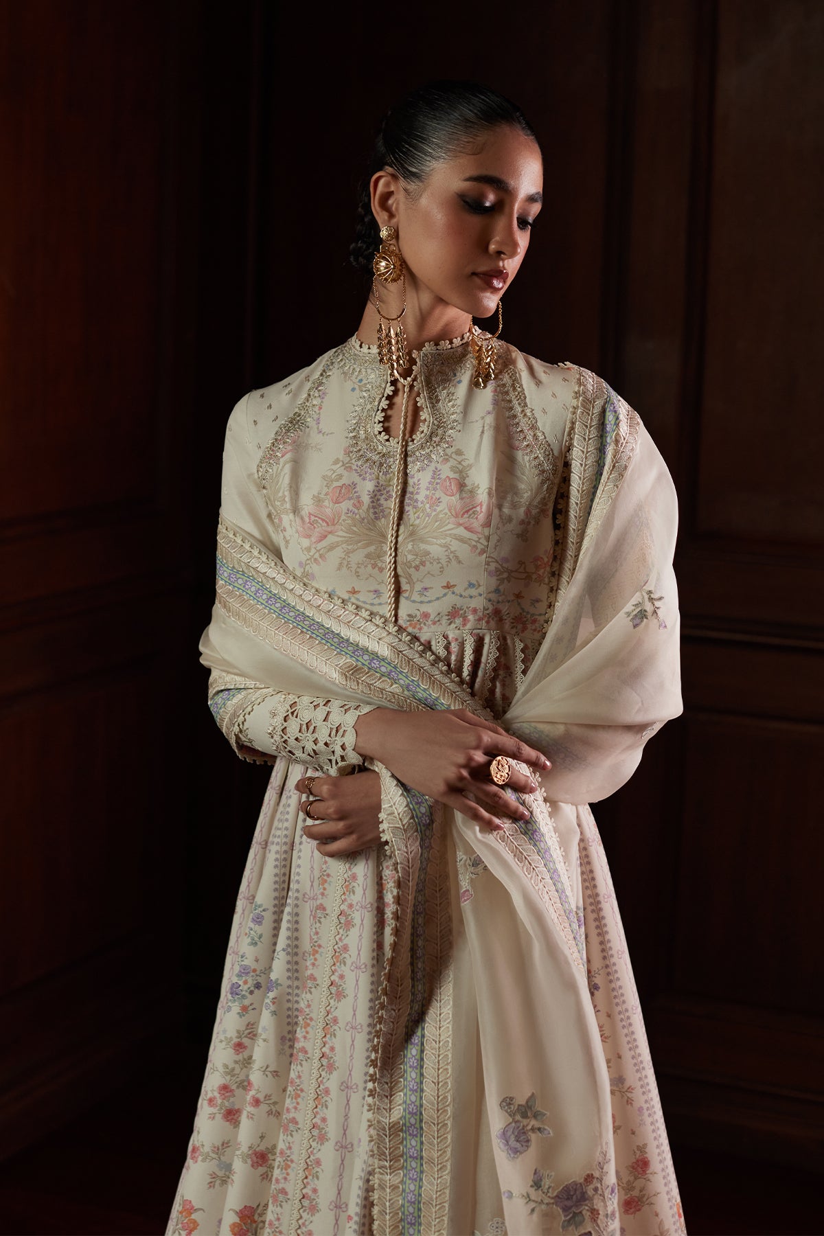 Saad Bin Shahzad Safira – ivory floral printed and embroidered lawn pishwas from Depalpur – view 8