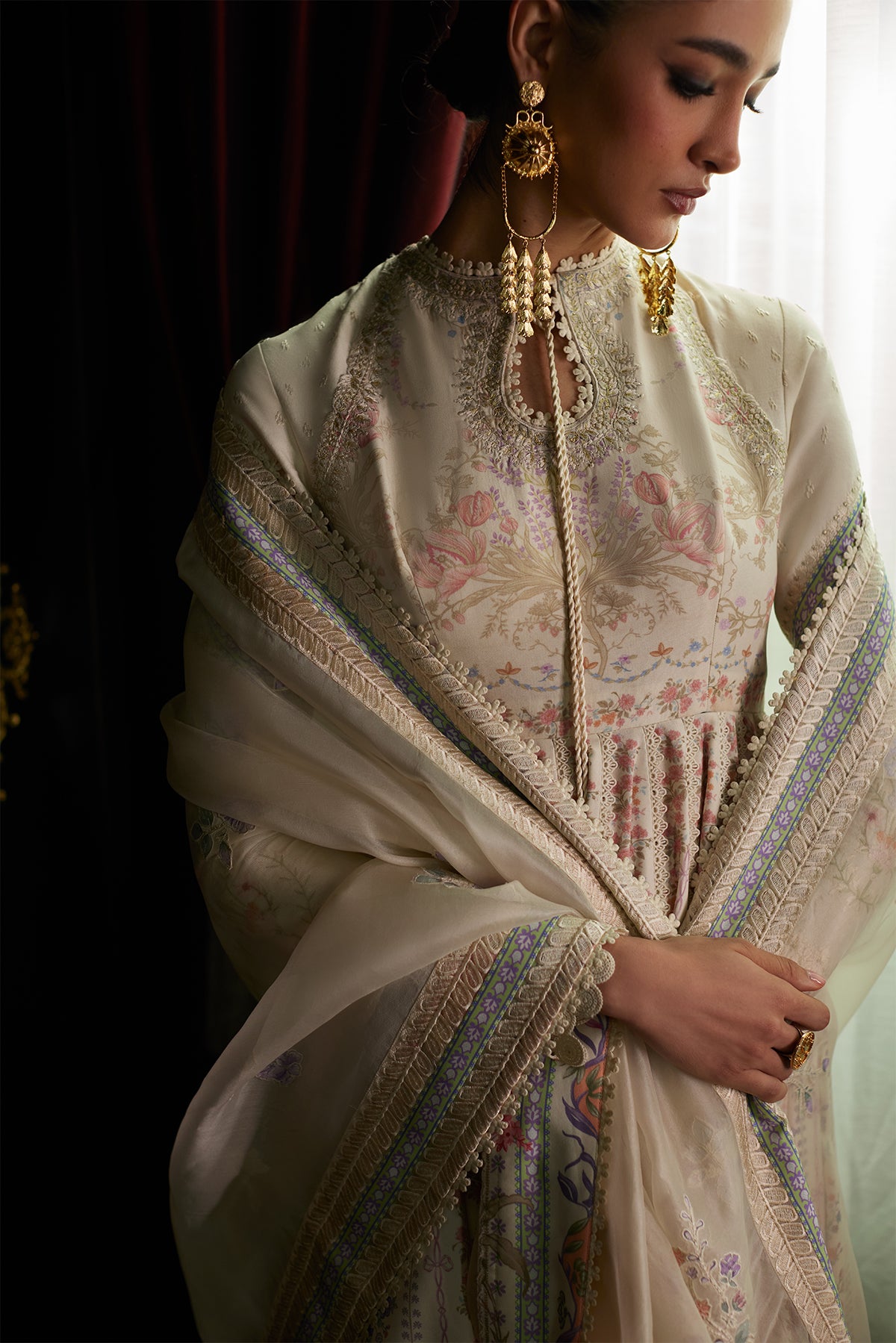 Saad Bin Shahzad Safira – ivory floral printed and embroidered lawn pishwas from Depalpur – view 5