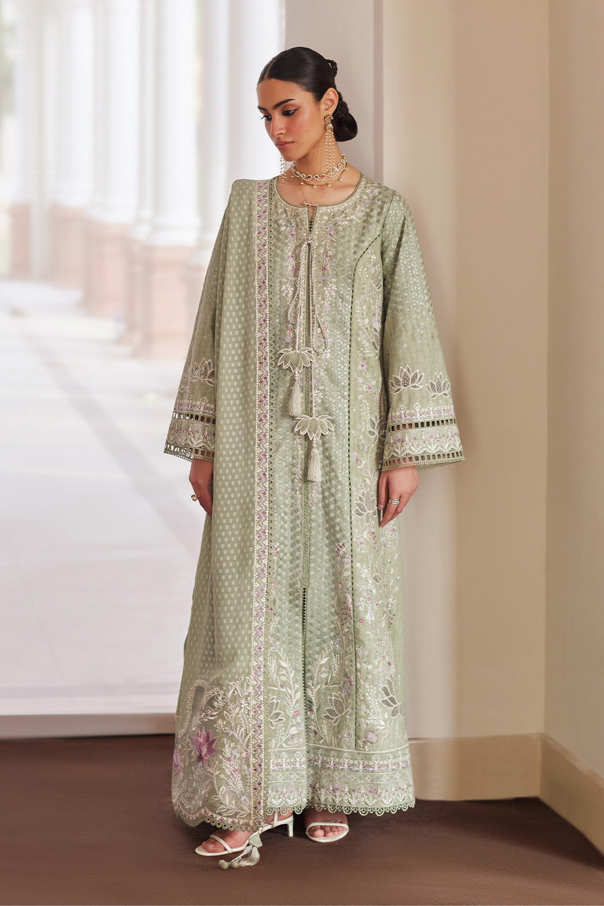 Saad Bin Shahzad Ruhab – sage green embroidered lawn kurta with culottes from Depalpur – view 5