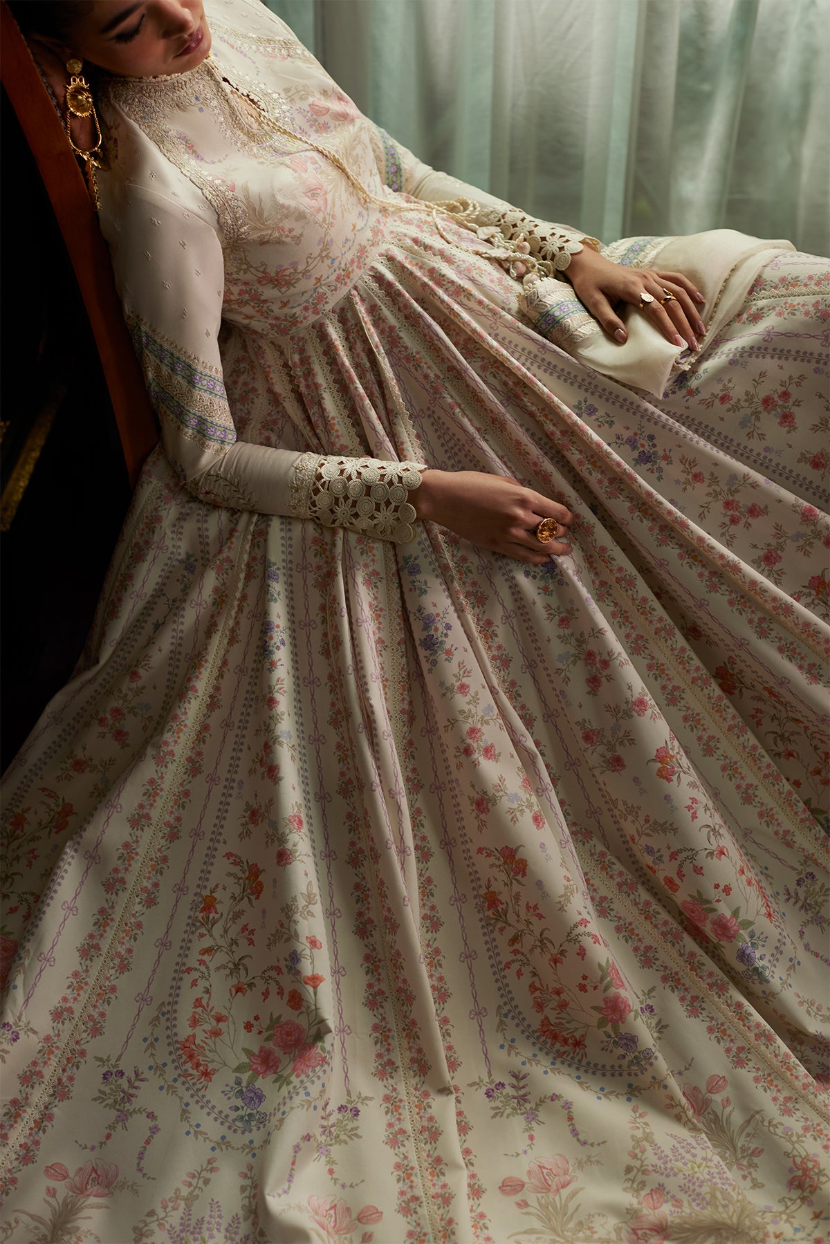 Saad Bin Shahzad Safira – ivory floral printed and embroidered lawn pishwas from Depalpur – view 6