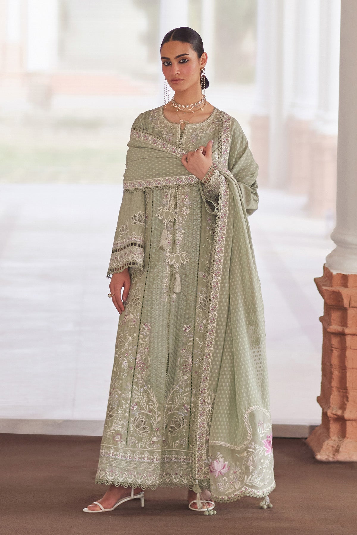Saad Bin Shahzad Ruhab – sage green embroidered lawn kurta with culottes from Depalpur