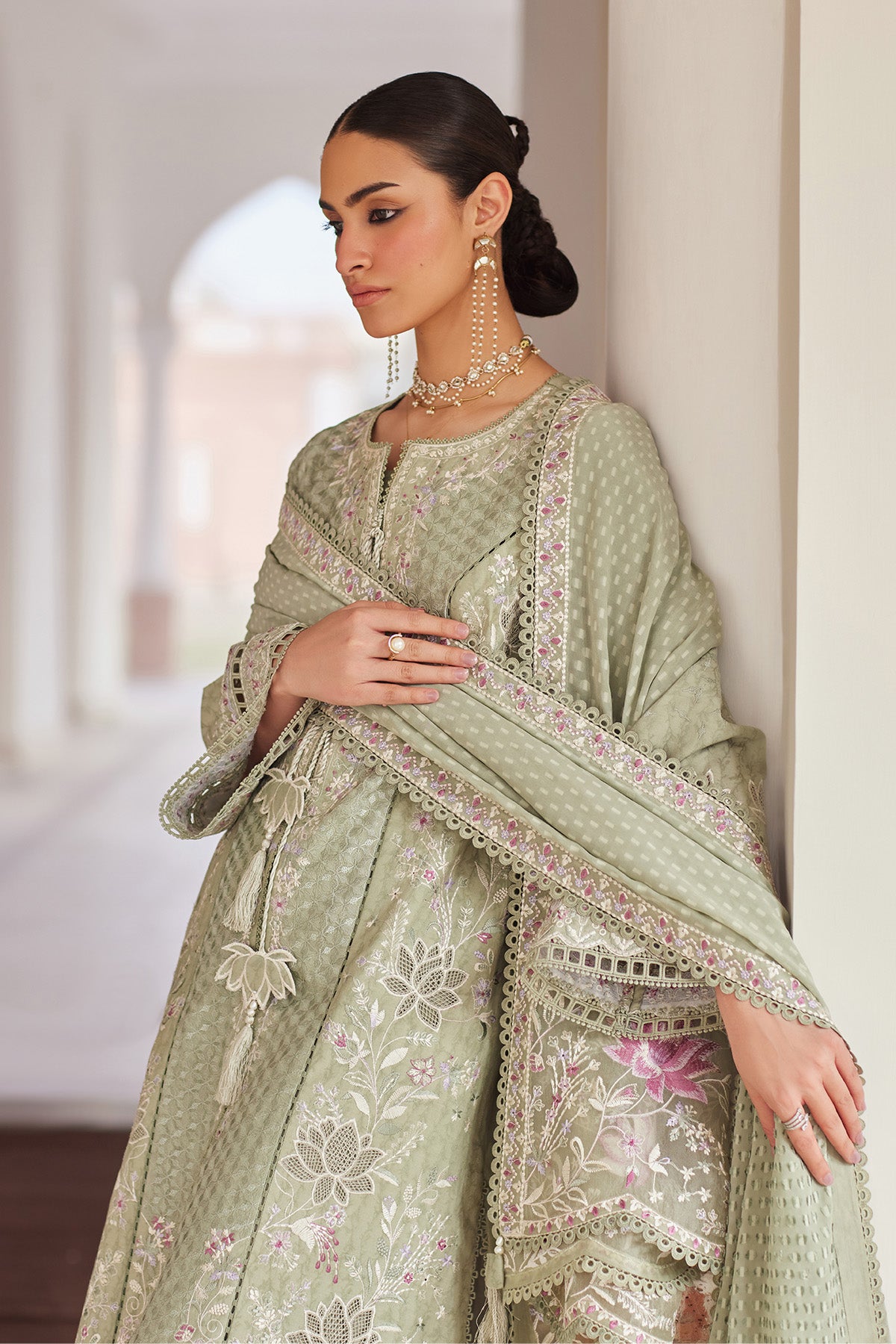 Saad Bin Shahzad Ruhab – sage green embroidered lawn kurta with culottes from Depalpur – view 6