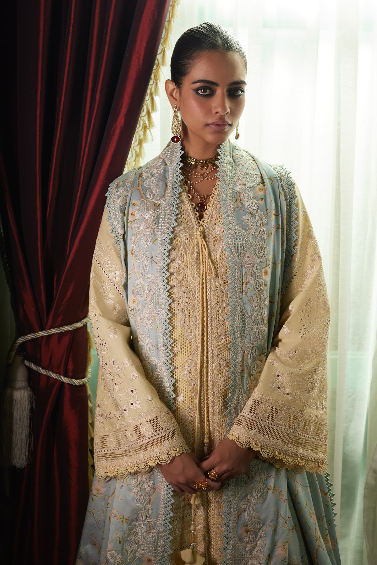 Saad Bin Shahzad Daneen – butter yellow embroidered lawn front-open kurta with ice blue dupatta from Summer Pret'26 – view 6